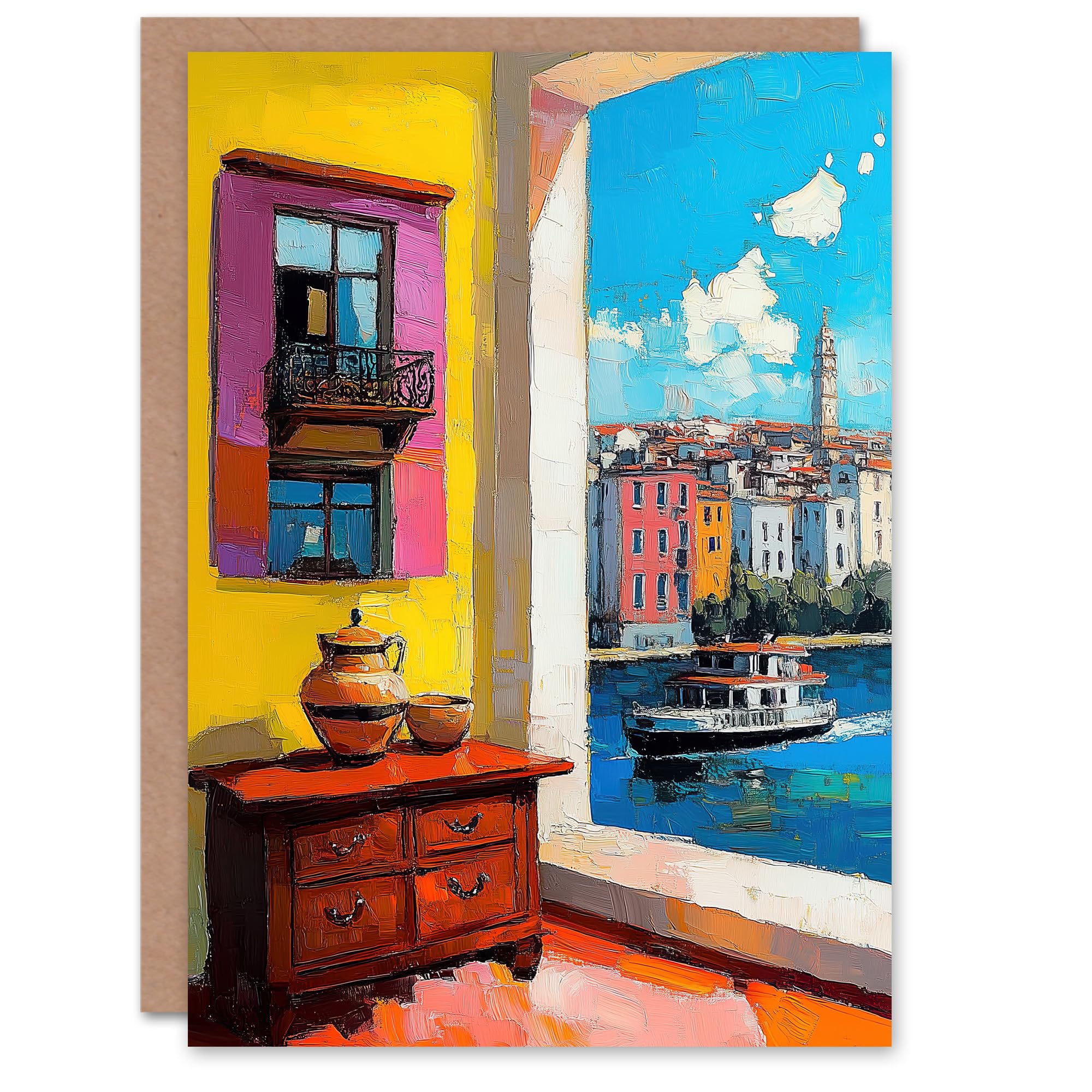 Artery8 Greeting Card Amalfi Coast Coastal City View Boat Italy Summer Blank For Him Or Her Art Birthday Card