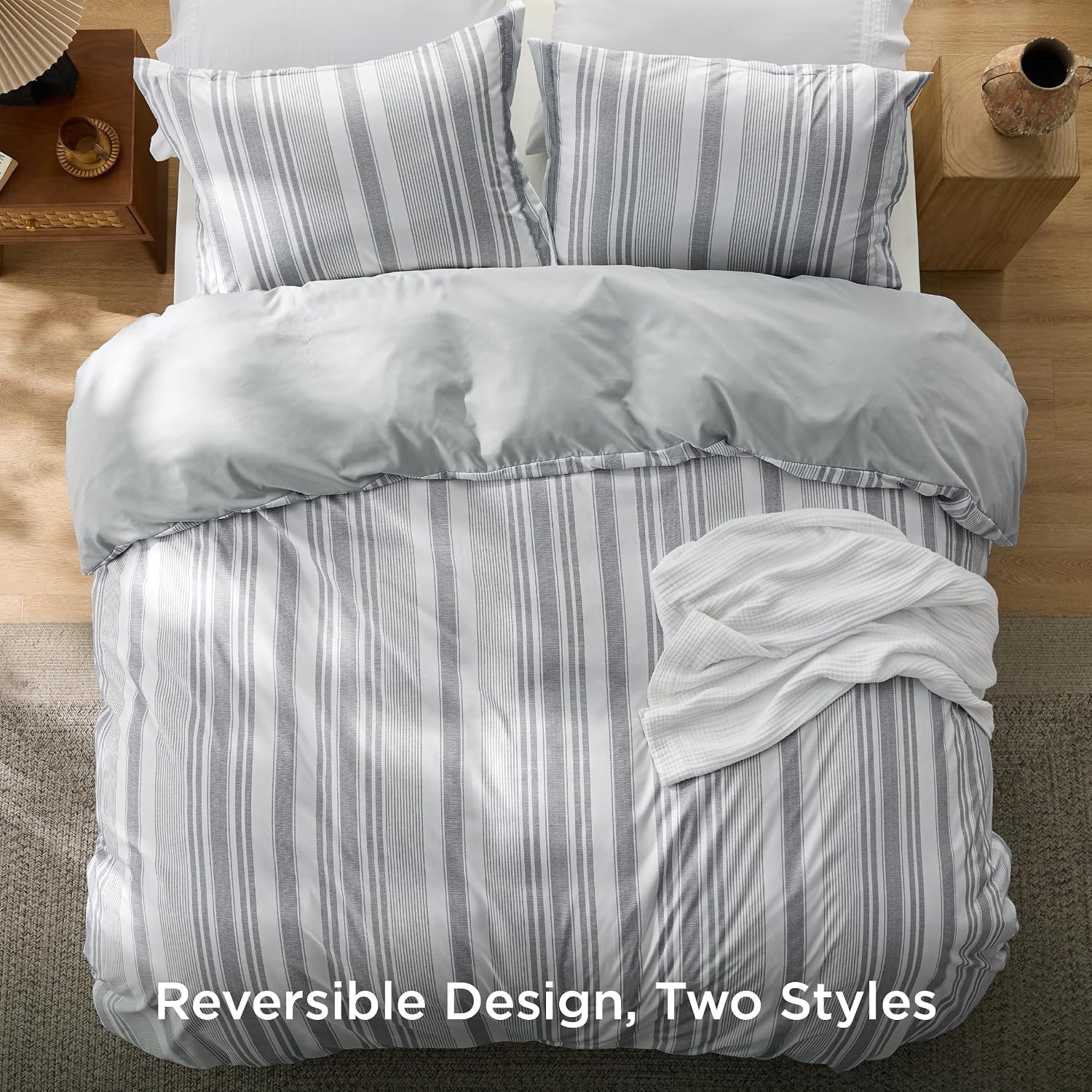 Bedsure Duvet Cover Queen Size - Striped Reversible Duvet Cover Set with Zipper Closure, 3 Pieces Grey Bedding Set with 8 Corner Ties and 2 Pillow Shams 20"x26"