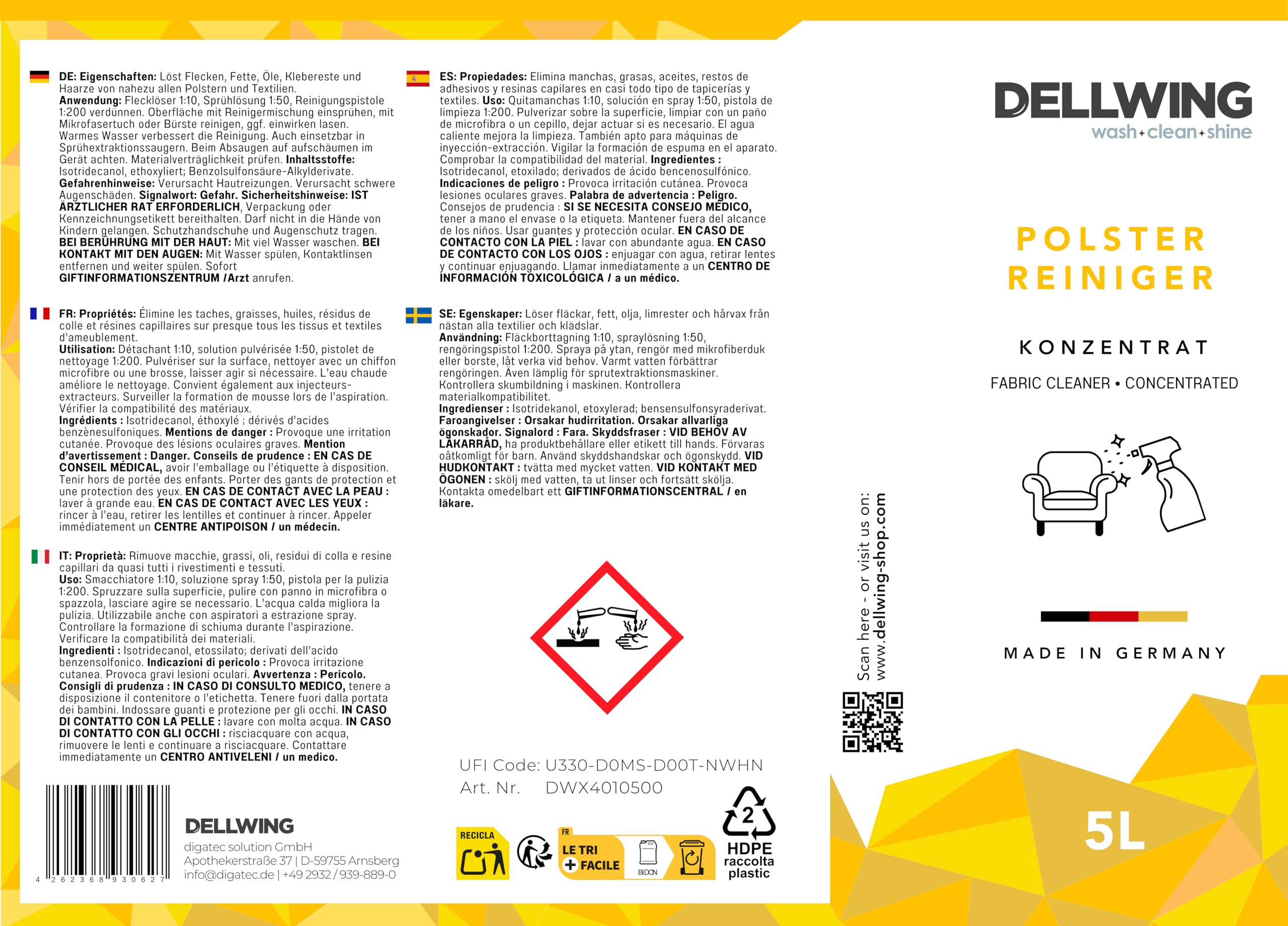 Dellwing Detergente per tappezzeria concentrato 5 l, detergente per divani, tappeti, sedili auto e materassi, adatto per estrattori, aspirapolvere a umido e pulizia manuale, Made in Germany