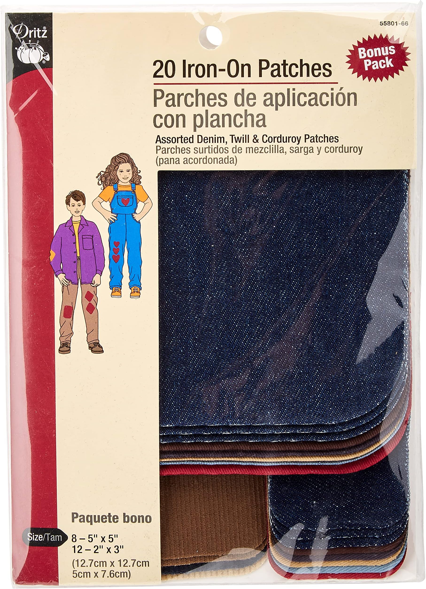 Dritz 55801-66 Patches, Iron-On, Denim, Twill & Corduroy, Colors May Vary & Sizes (20-Count)