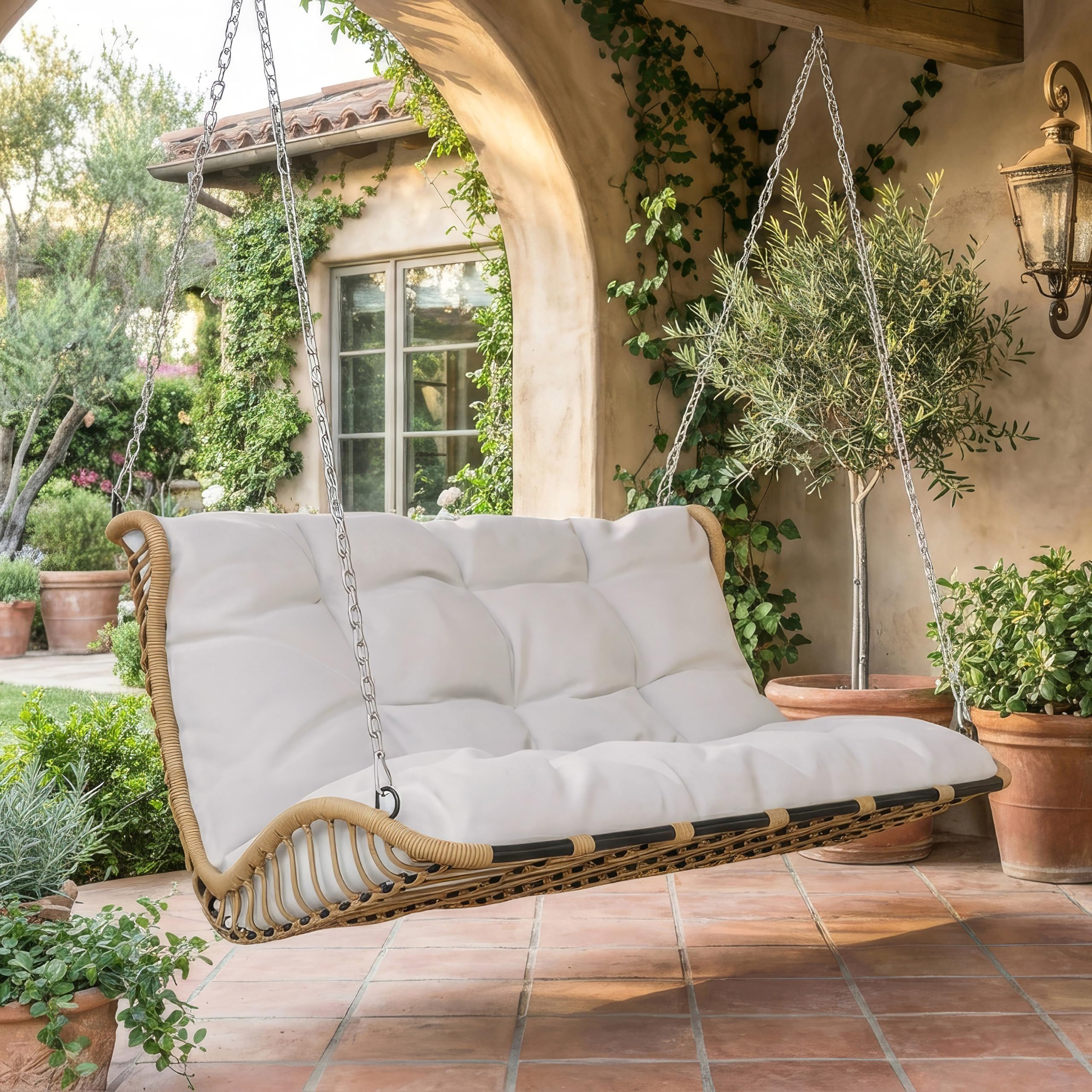 PE-Rattan-Schaukel-Doppelsitz, Hängeschaukel für den Garten im Freien, mit Kissen und 2 Ketten, ohne Rahmen, Kissen sind abnehmbar und waschbar