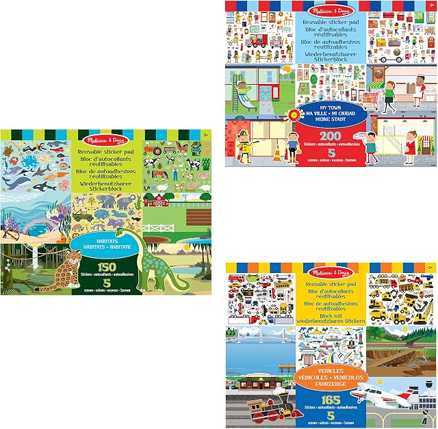 Melissa & Doug Zestaw 3 arkuszy z naklejkami wielokrotnego użytku Moje miasto, Siedliska zwierząt i Pojazdy