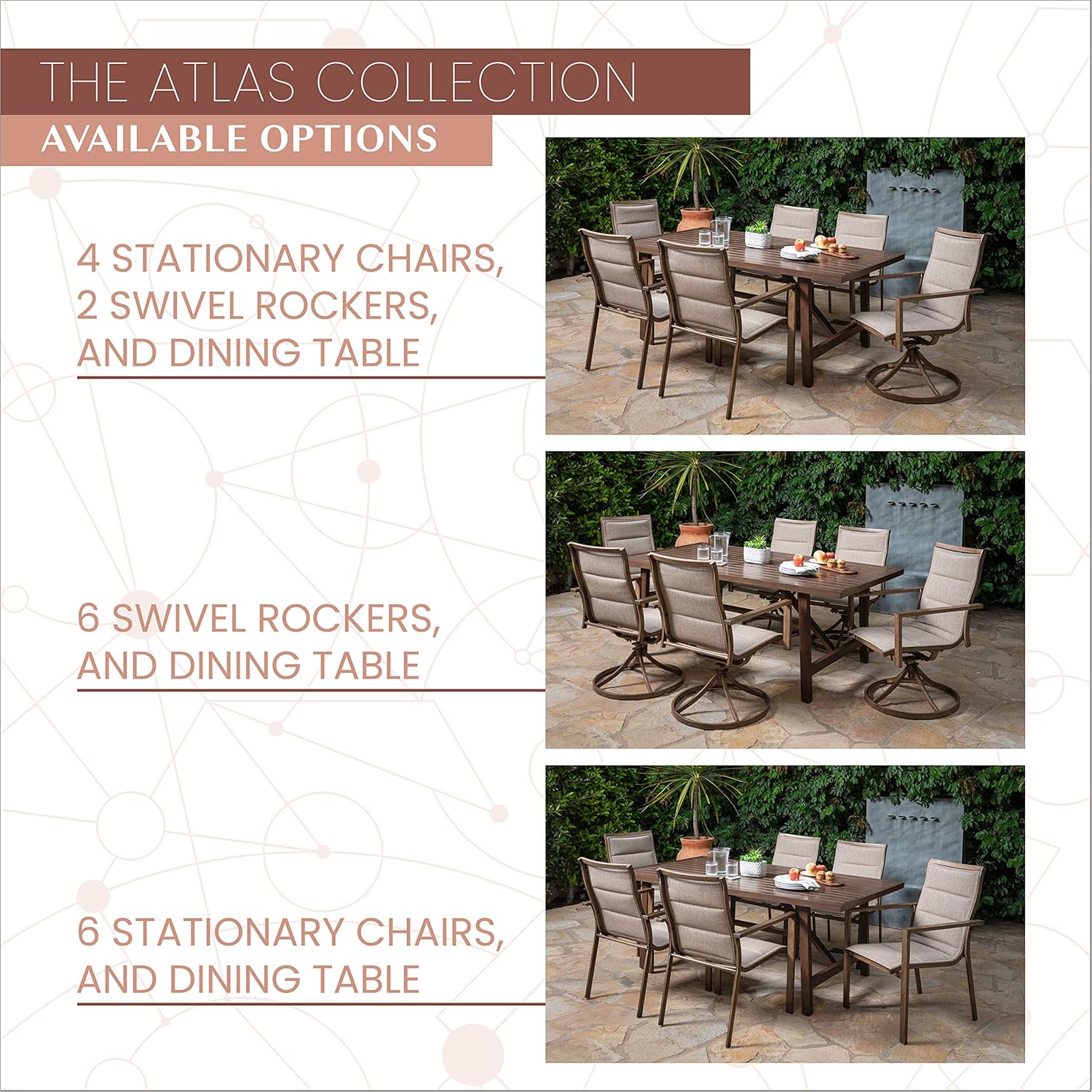 Mōd Furniture Atlas 7-Piece Dining Set with 6 Padded Contoured-Sling Chairs and a 74-in. x 40-in. Trestle Table, Tan Outdoor Furniture : Patio, Lawn & Garden