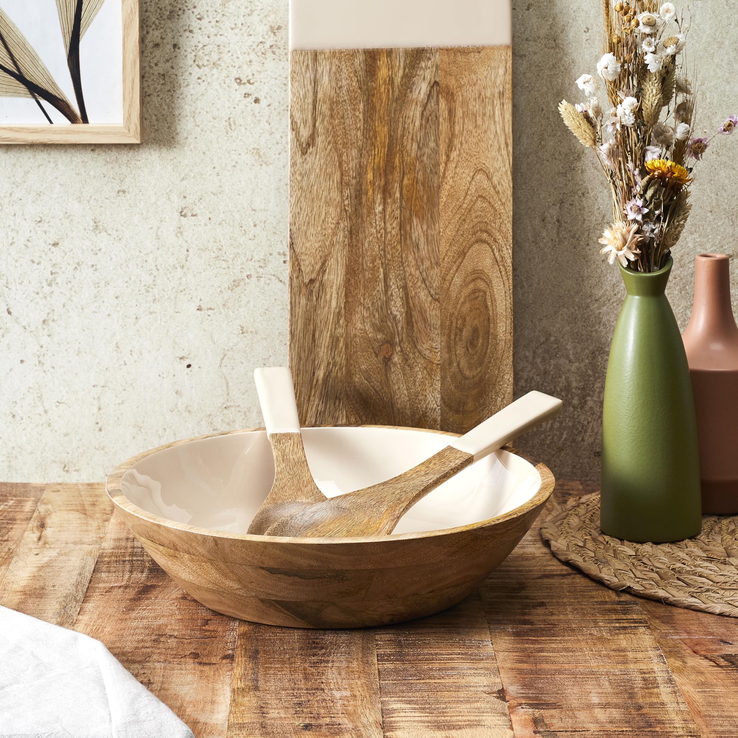 HOME DECO FACTORY - KA0572, Ensaladera de Madera de Mango Dune Uni, Diseño Elegante y Natural, Ideal para Ensaladas y Platos Variados, Fácil de Mantener, Diámetro 33 cm, Color Beige Marrón | Madera de mango, ensaladera Manguier Dune, 33 cm, diseño elegant