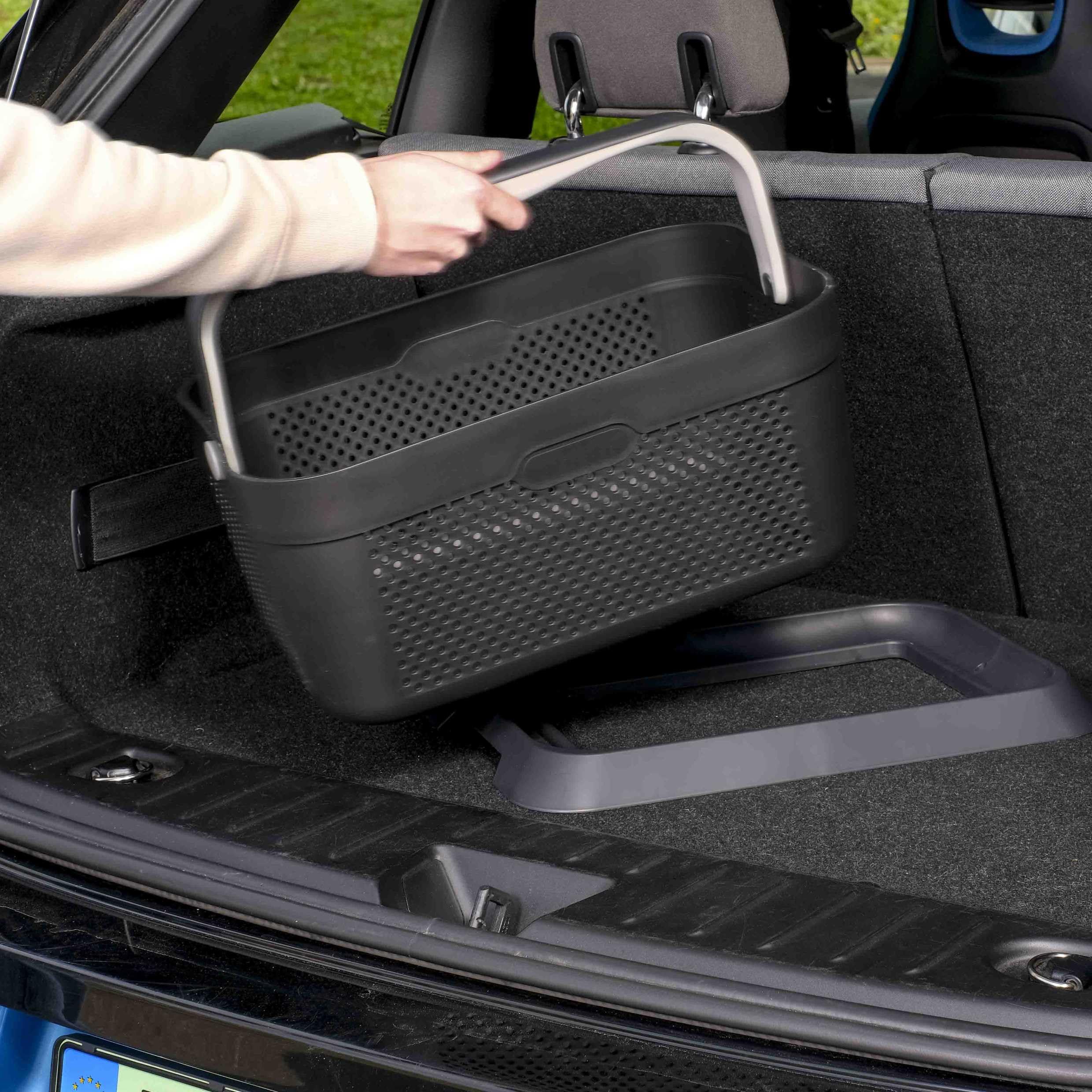 rati Basket - Grau, Smarter Auto Korb zum Einkauf & Outdoor-Aktivitäten, mit Befestigungsadapter zum Kofferraum, rutschfest und Stabil während der Fahrt I Schwarz, aus 94% Recycling Material