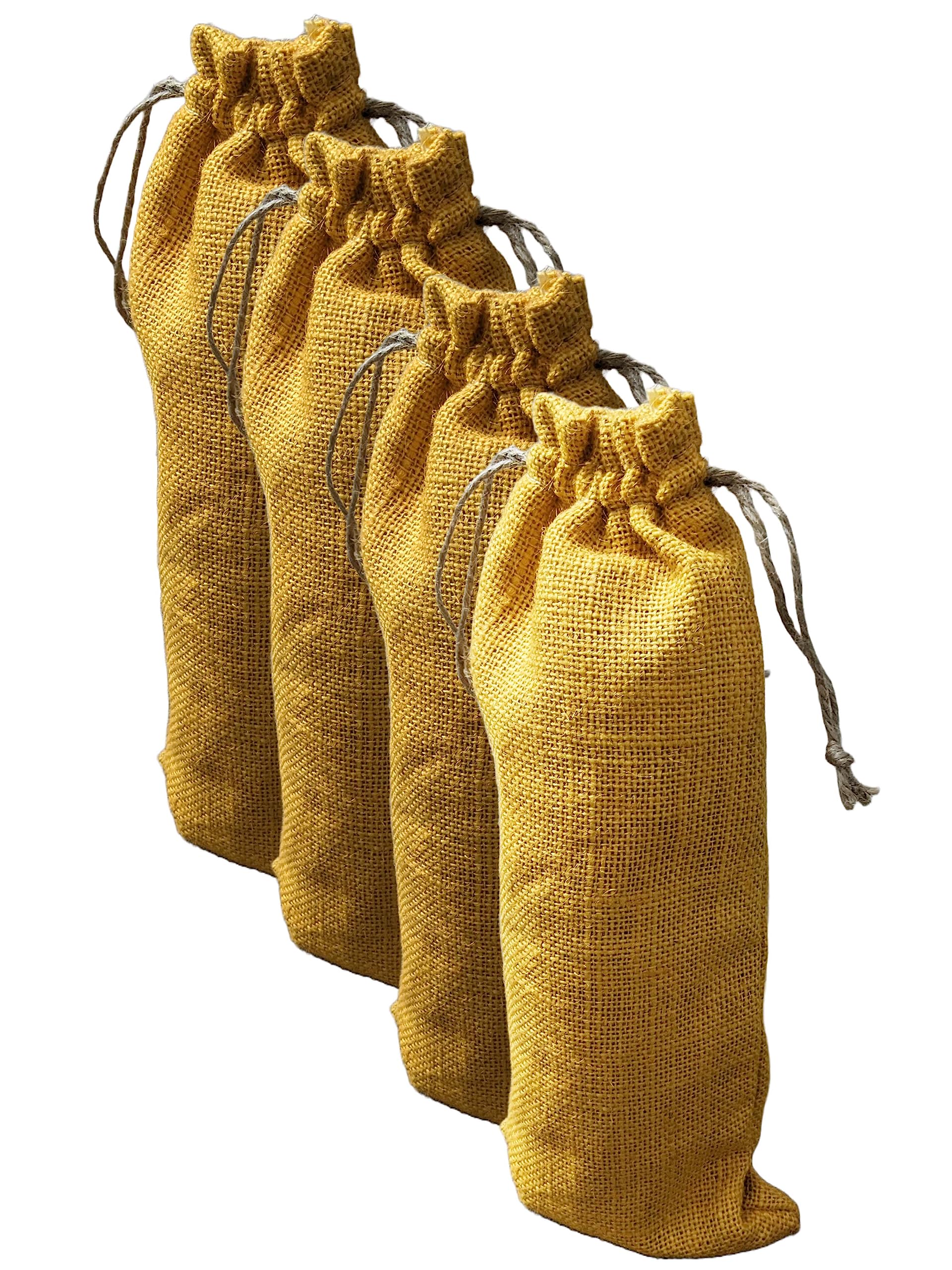 DESHKARI Handmakers Natural Jute Wine Bottle Bag with Yellow Color Pack of 4