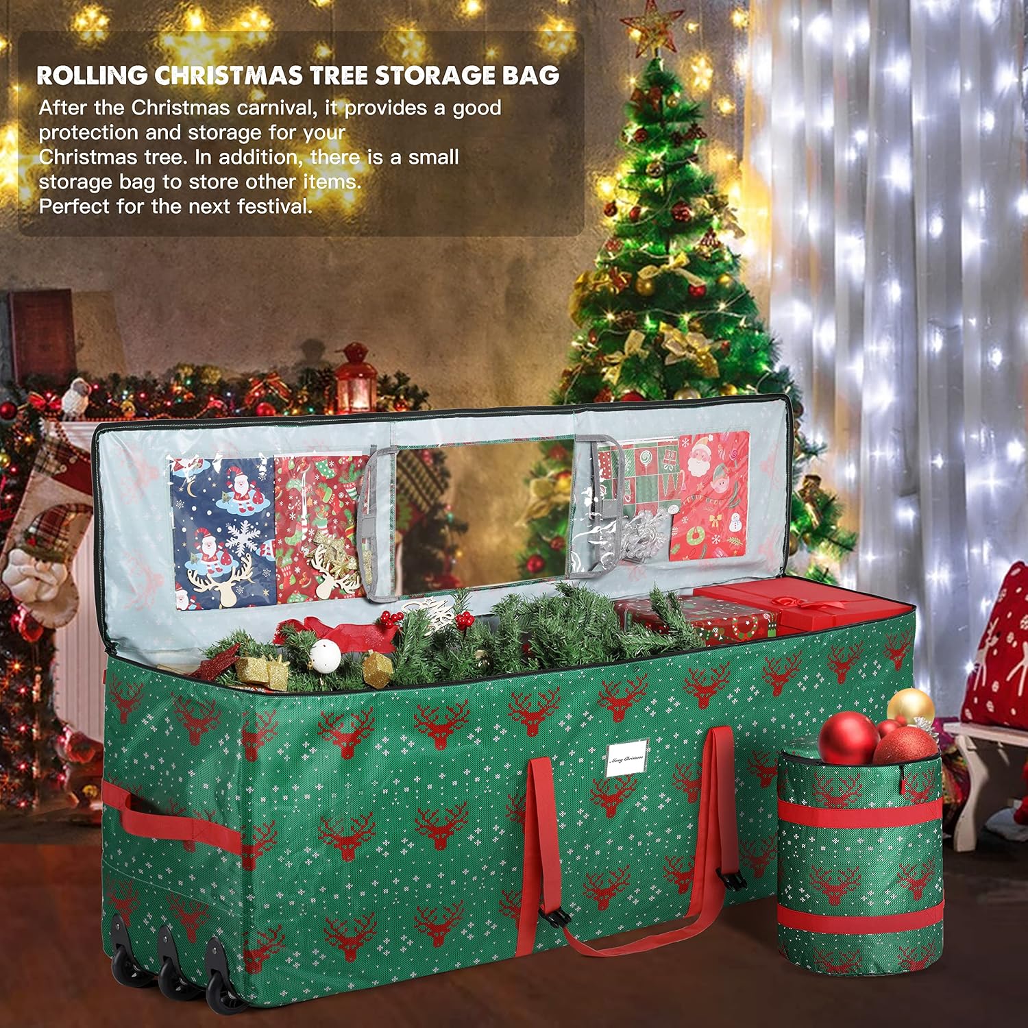 Rolling Large Christmas Tree Storage Bag,Fits Up to 9 ft. Tall Disassembled Holiday Trees,21" H X 15" W X 60" L,Artificial Xmas Tree Box Storage Container with Ornament Storage Bag 2 Pack(Green)