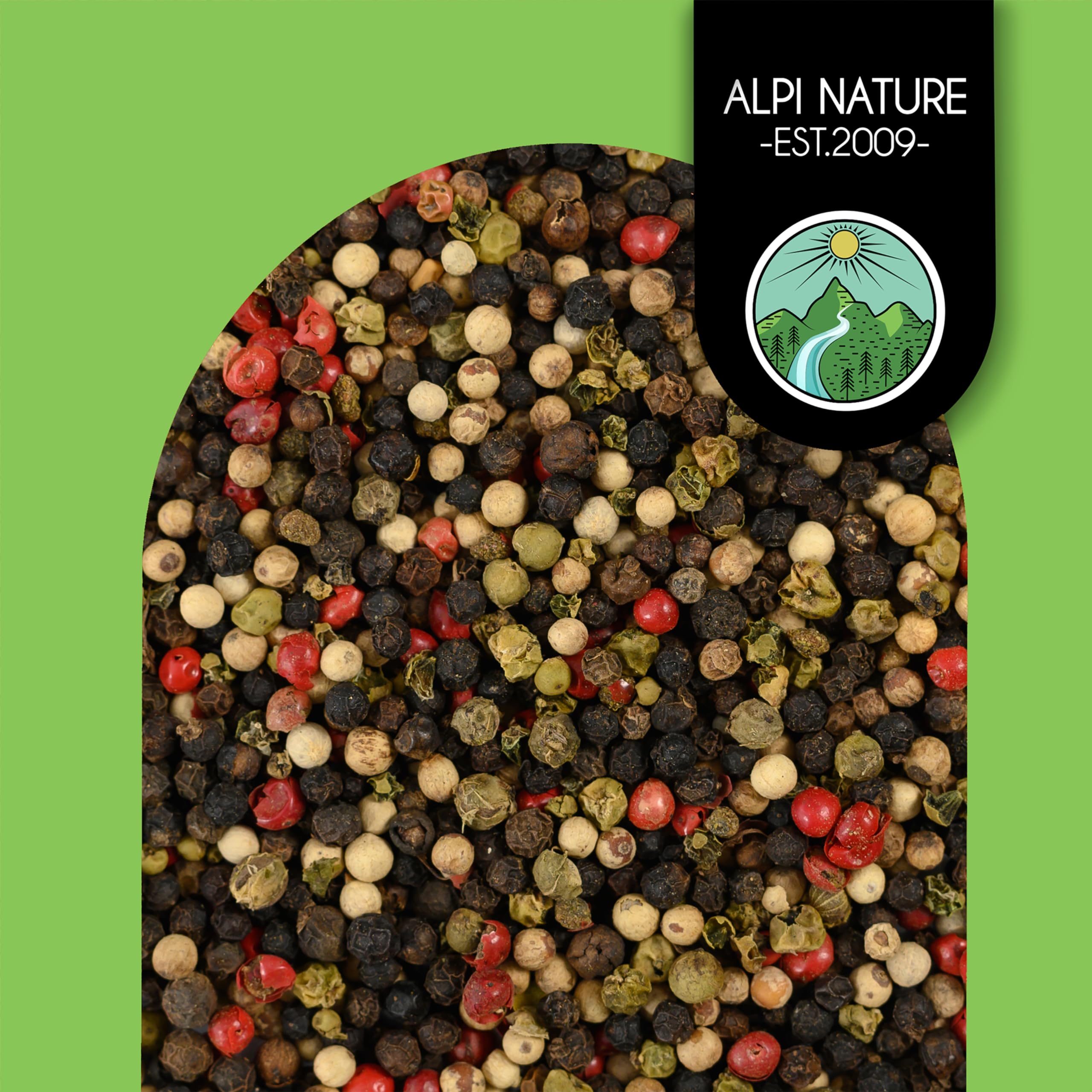 Alpi Nature Poivre Baies en Grain Mélange 250g, Grains de Poivre Entiers Noir, Blanc, Rose et Vert