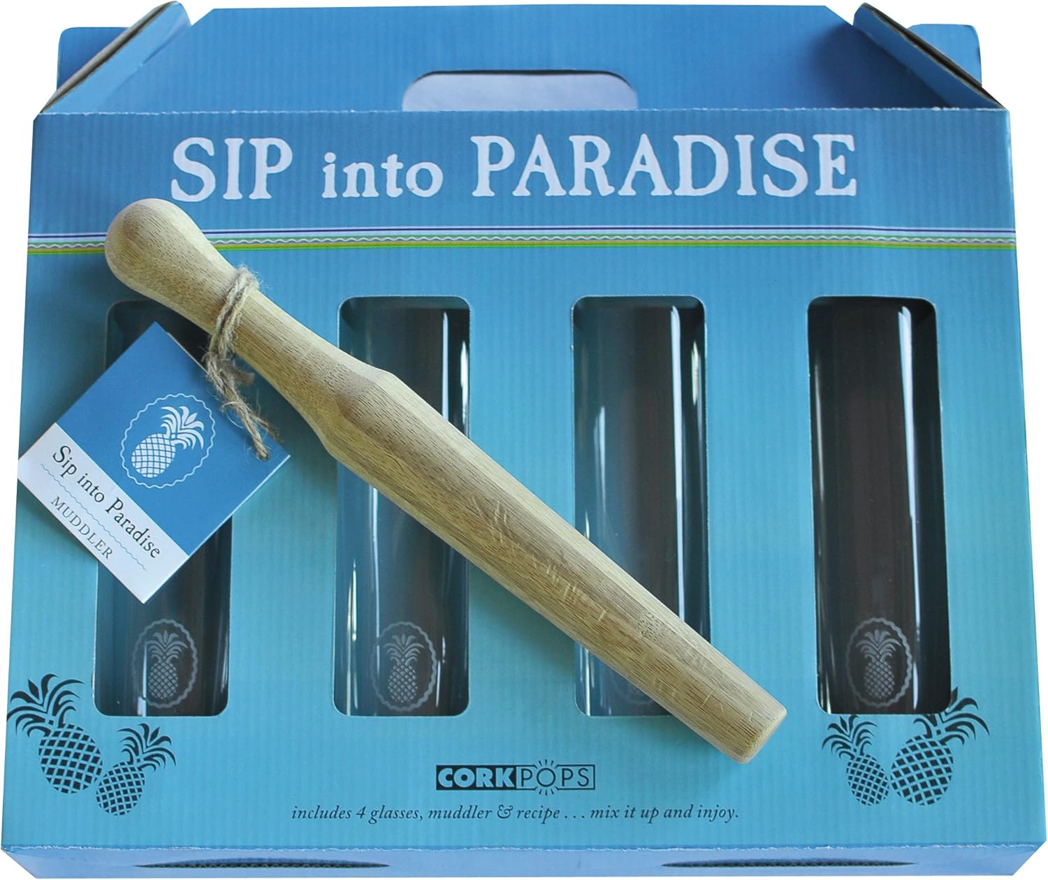 Cork Pops Pineapple Paradise Mojito Muddler and Glasses Set Drinkware Home & Kitchen