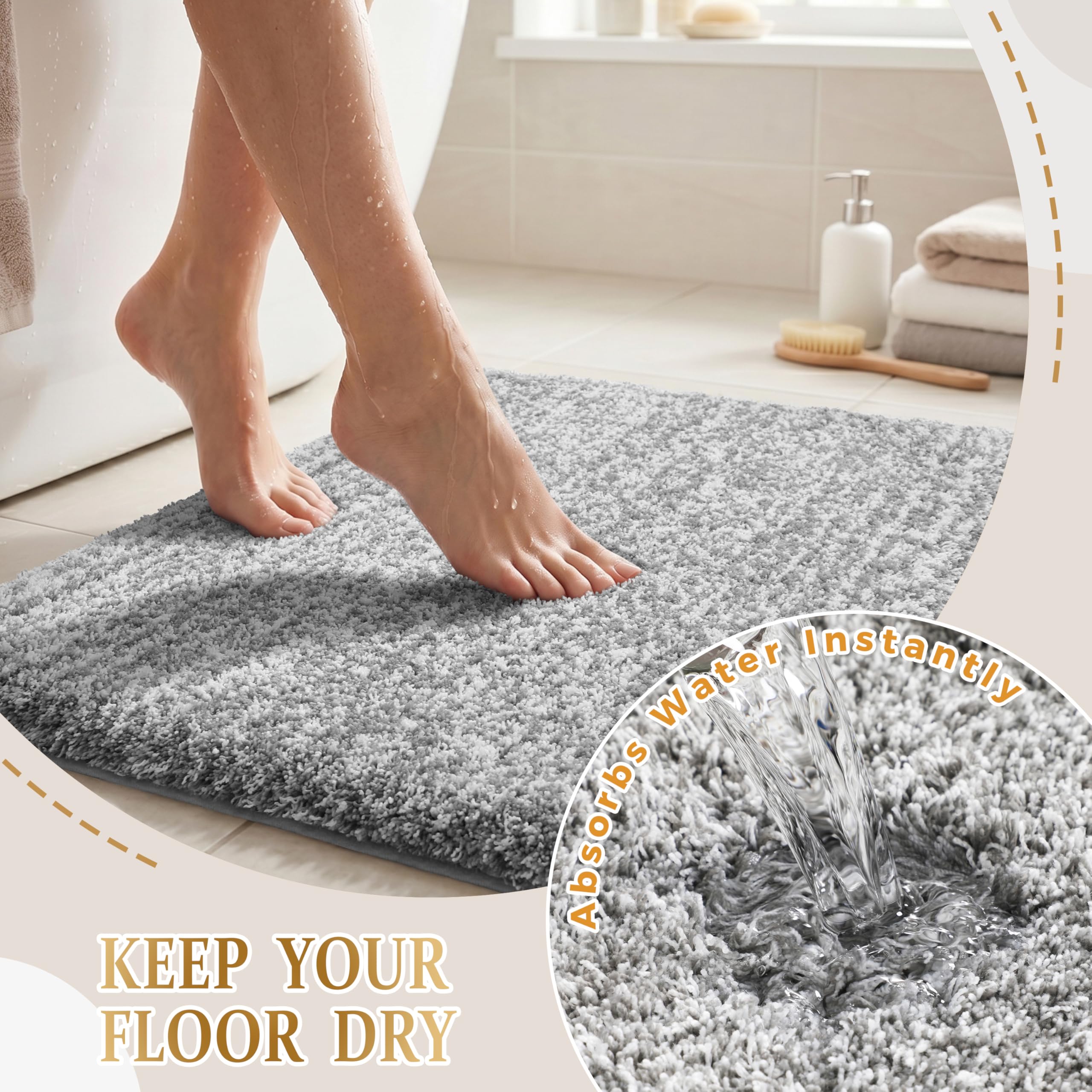 Light Gray and White Non Slip Washable Bathroom Rug D627