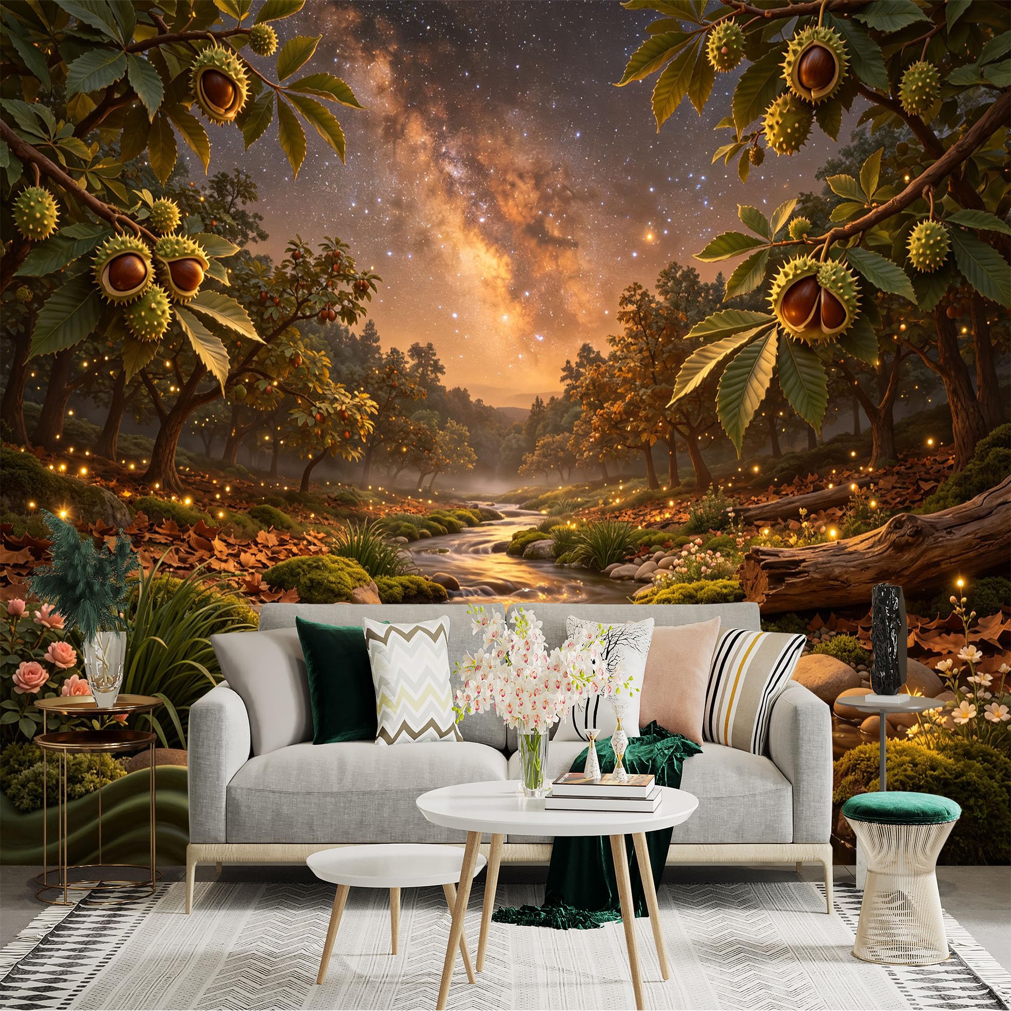 Lnzczhyre Bh260719575 Custom Size Wall Sticker Mural， Chestnut Forest With Milky Way， Glowing River And Fireflies， Nighttime Scenery， For Wall Decoration， Peelandstick Wall Decals.