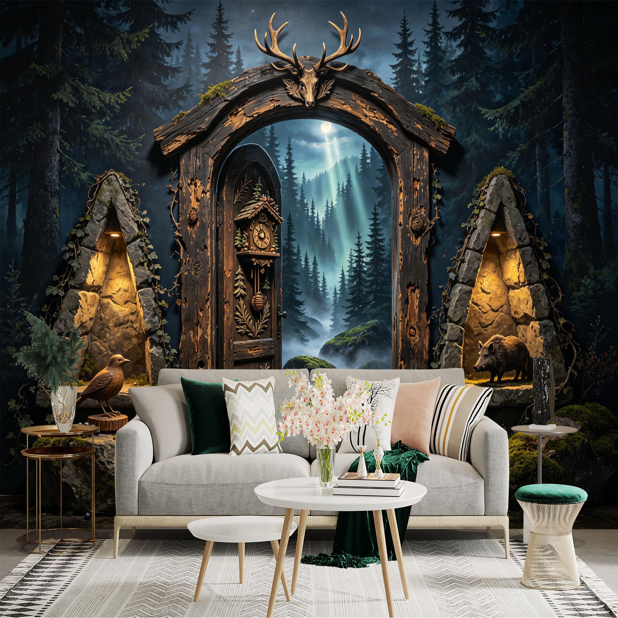 Custom Size Wall Sticker Mural， Rustic Forest Doorway with Deer Antlers， Moonlit Woodland Stream， Fantasy Nature Scene， for wall Decoration， peelandstick wall Decals.