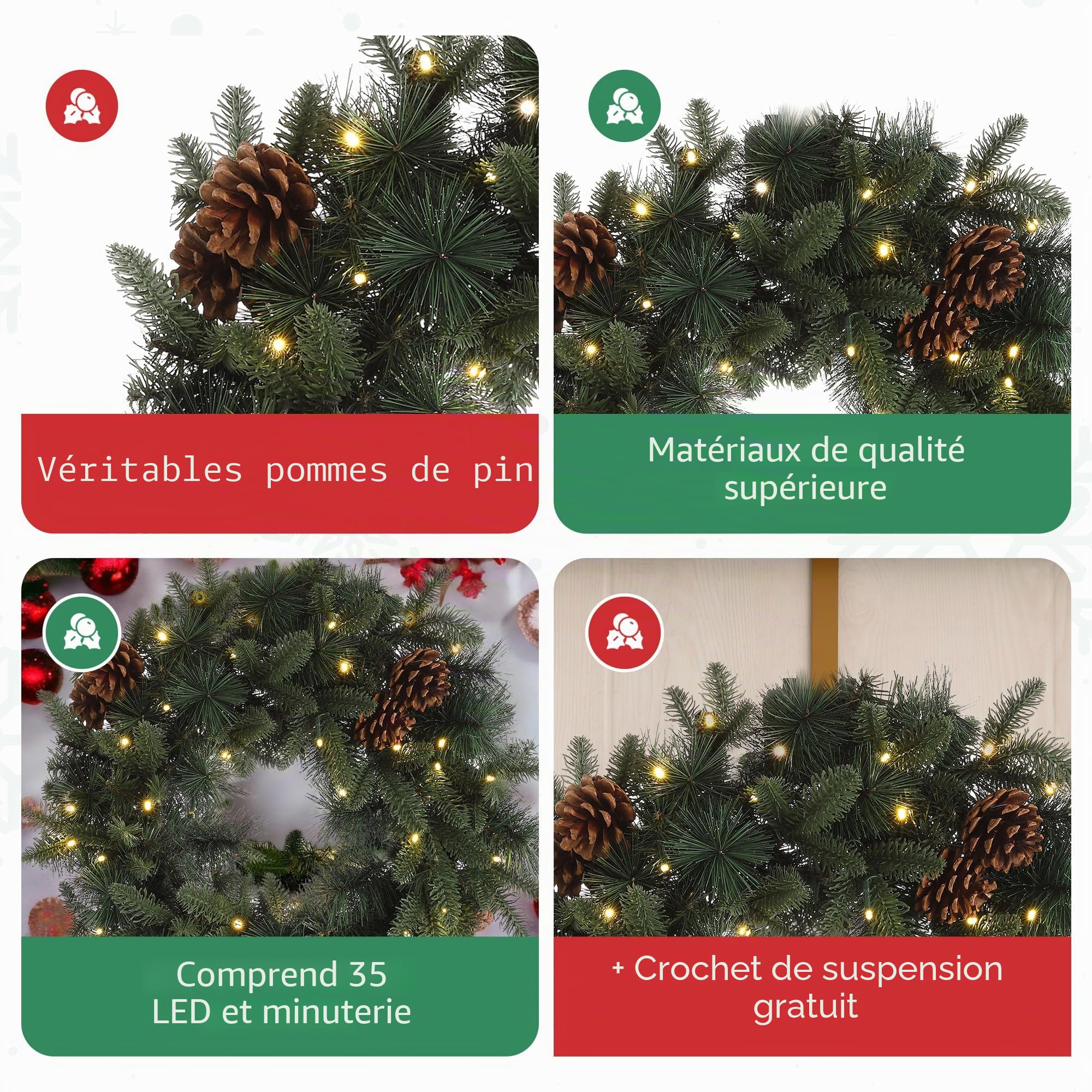 MeisterHome ® Couronne de Noël artificielle Couronne de l'Avent pour porte Ø 50 cm - Couronne de porte de Noël pour intérieur et extérieur avec 35 LED, minuterie et décoration de pommes de pin et