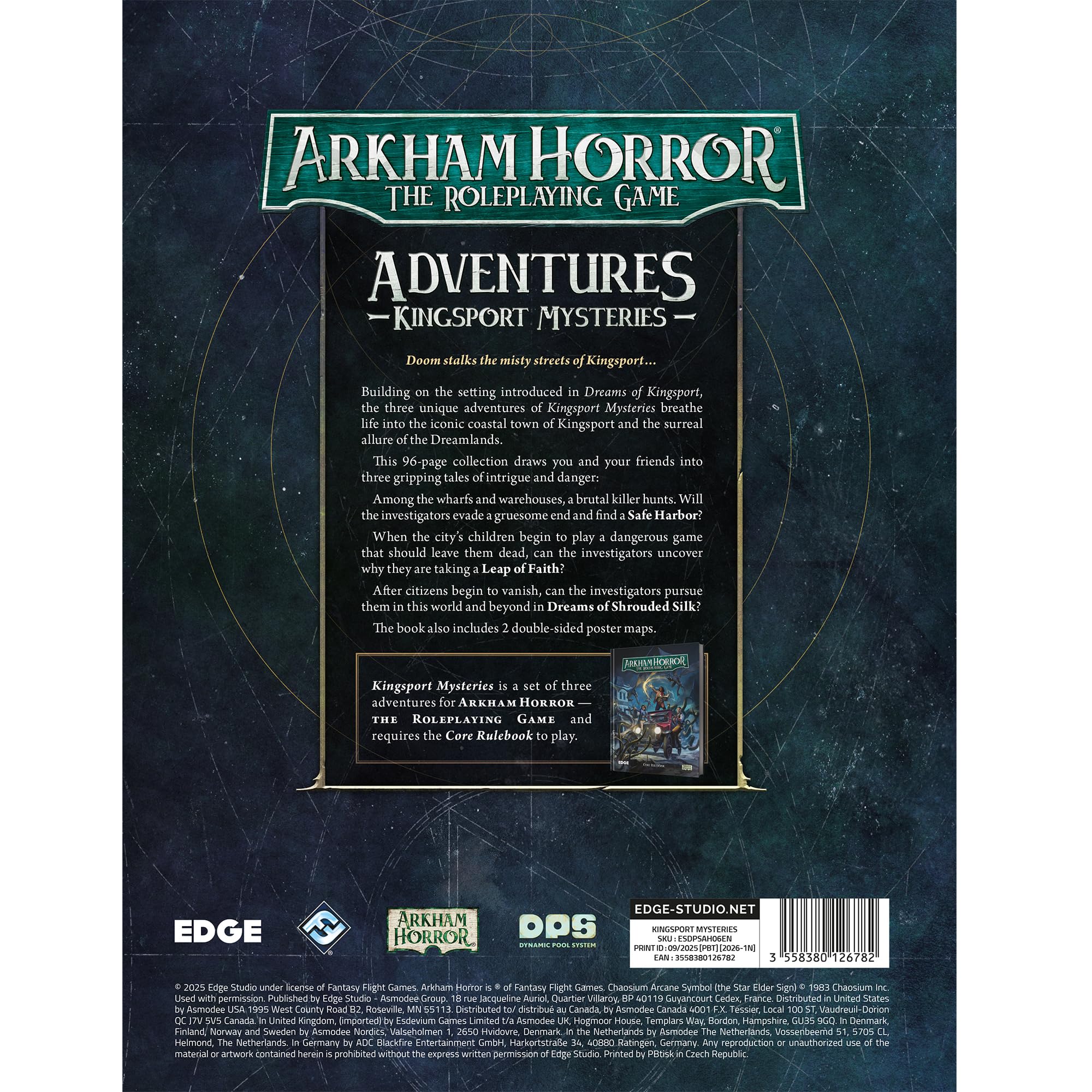 Asmodee Arkham Horror The Roleplaying Game Kingsport Mysteries Adventure Book - 3 scenari della campagna, 2 mappe poster bifacciali, gioco di ruolo coinvolgente, età 14+, 2-6 giocatori, 1+ ora di