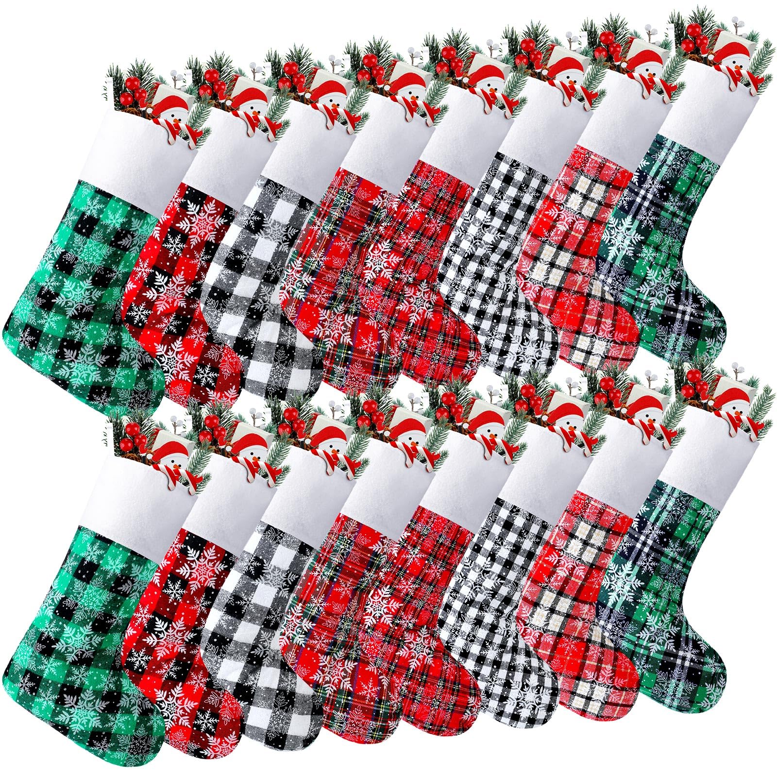 Tatuo 16 Pcs Christmas Stockings 15 Inch Buffalo Plaid Stocking Fireplace Bone Hanging Stockings Fabric Xmas Stocking Pet Stocking Christmas Ornament for Family Christmas Holiday Party (Snowflake)