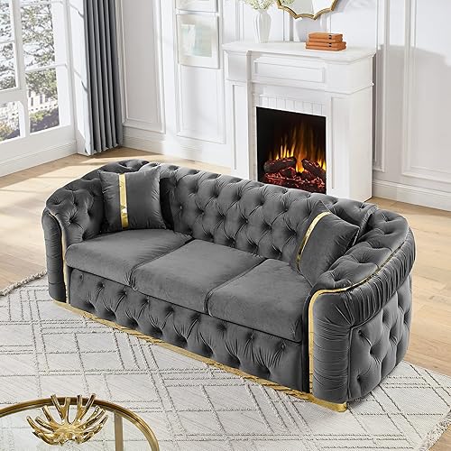 Miniatura 4 de KEIKI Sofá Chesterfield de terciopelo de lujo de 91 pulgadas con detalles de acero inoxidable dorado y 2 almohadas, estilo mediados de siglo, sofá