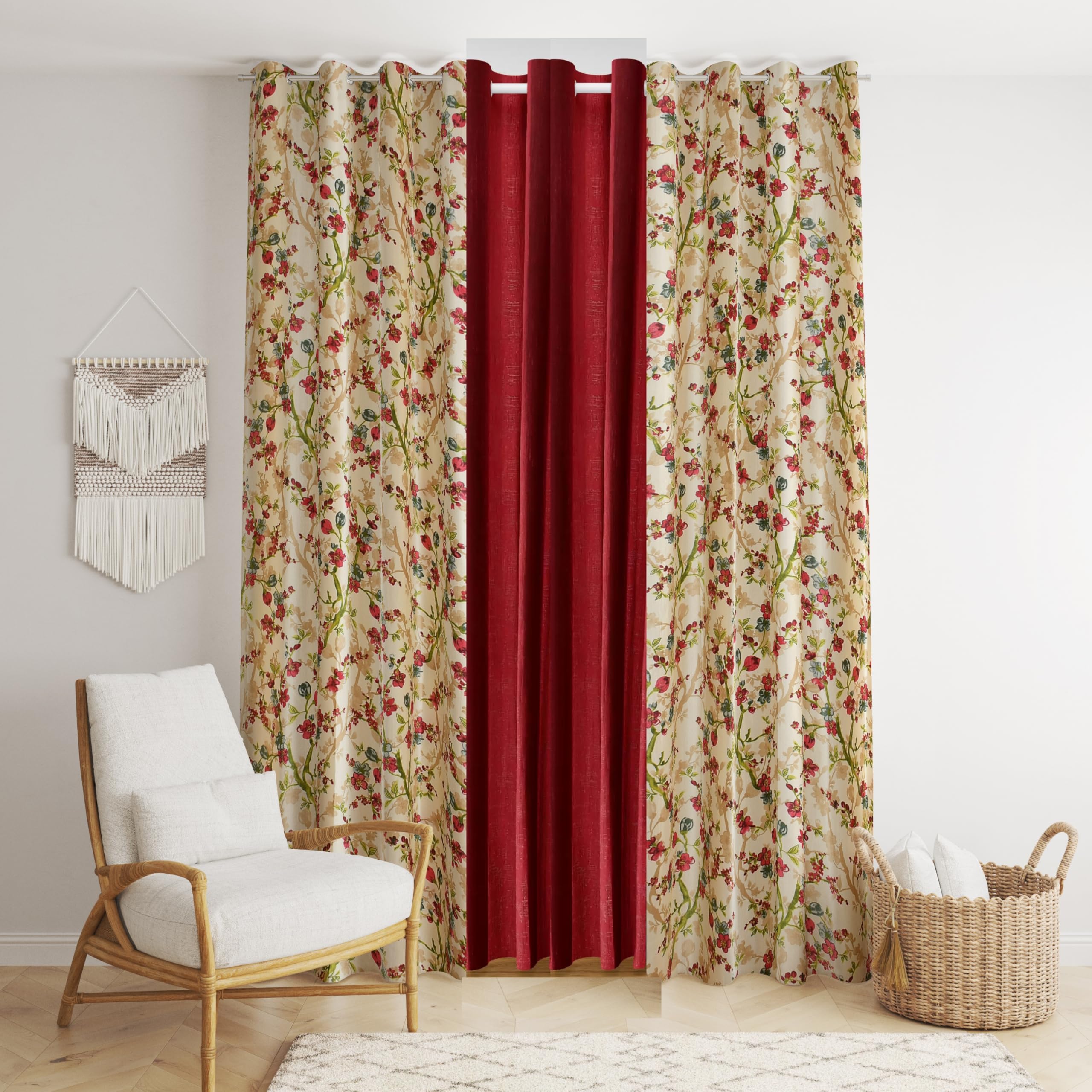 DEVSANG Polyester Eyelet Curtains 7 Feet Long Set of 3 (2 Floral Print and 1 Solid) - Maroon (B0CJ3F3DND) Amazon Price History, Amazon Price Tracker