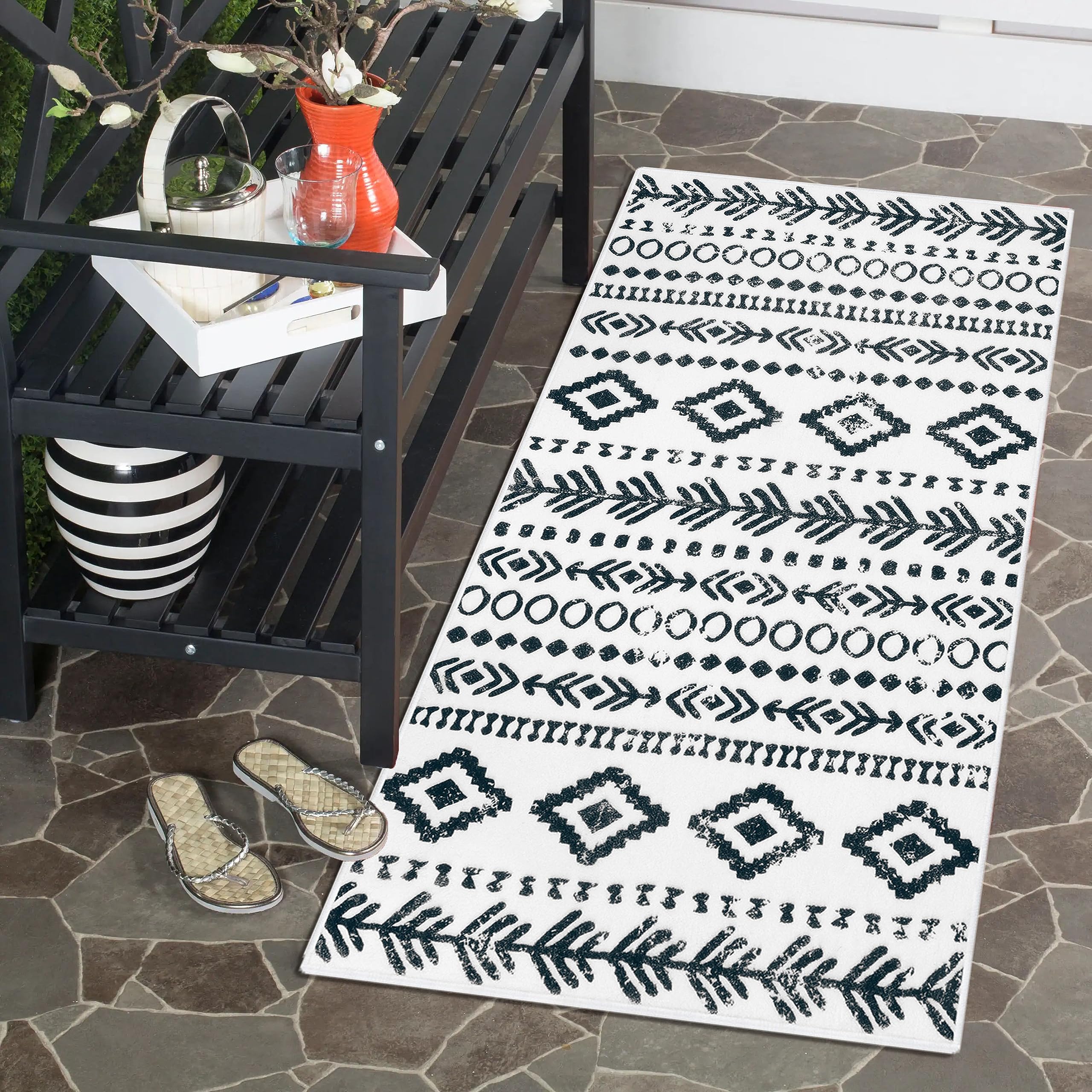 LahomeBoho Moroccan Washable Rug, 2x4 Ultra-Thin White Bathroom Rugs Non-Slip Rubber Backing, Farmhouse Geometric Print Pattern Indoor Entryway Carpet Large Throw Mats for Kitchen Laundry