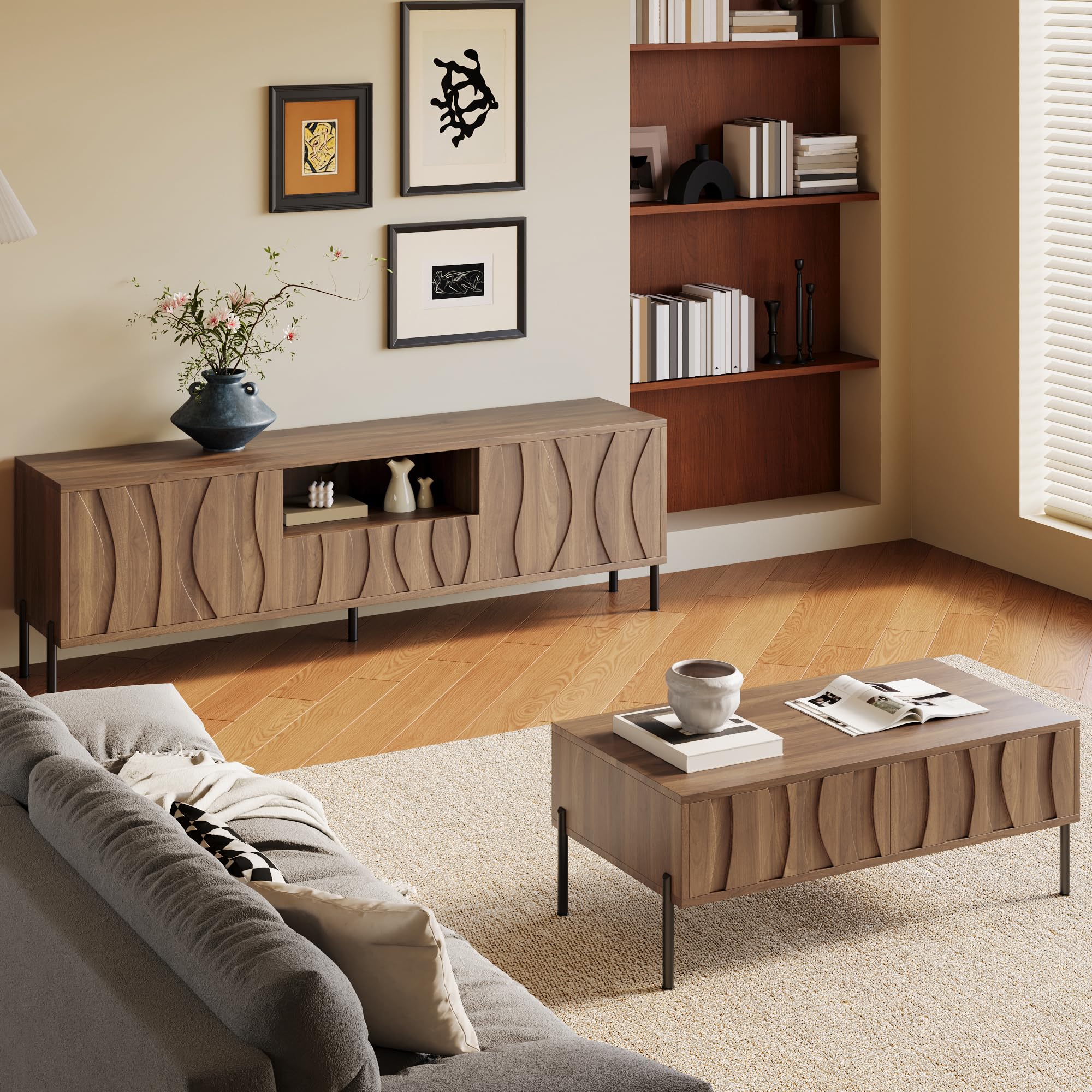 Kebnor Mesa de centro y soporte de TV combinación de madera maciza con patrón ondulado, juego de almacenamiento con grano de madera natural, muebles de almacenamiento artístico para el salón