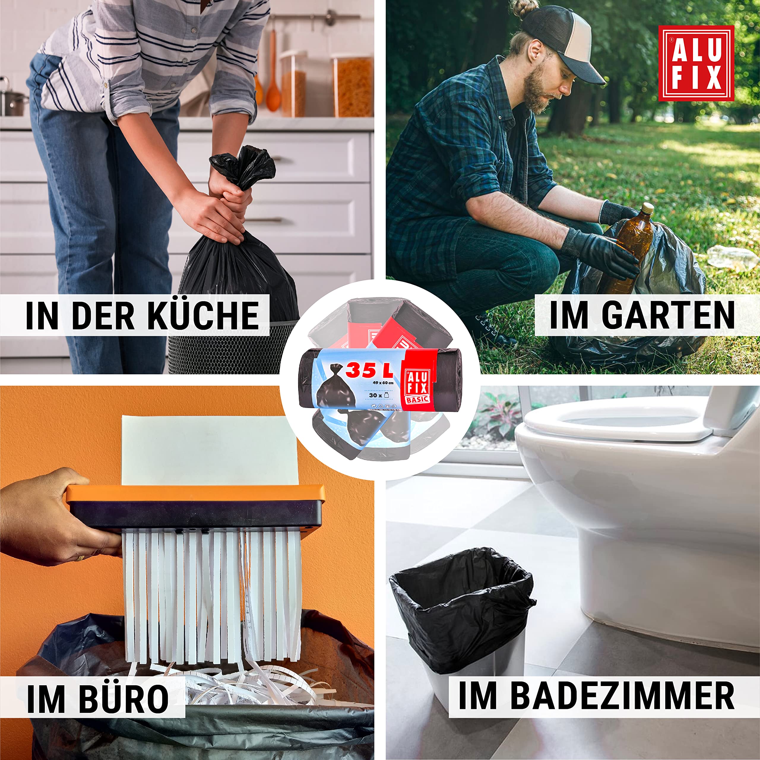 ALUFIX Sacchi della spazzatura neri, 35 l, 49 x 60 cm, 6 rotoli da 30 pezzi, colore nero, sacchi per la spazzatura, materiale HDPE, ideali per rifiuti domestici e commerciali