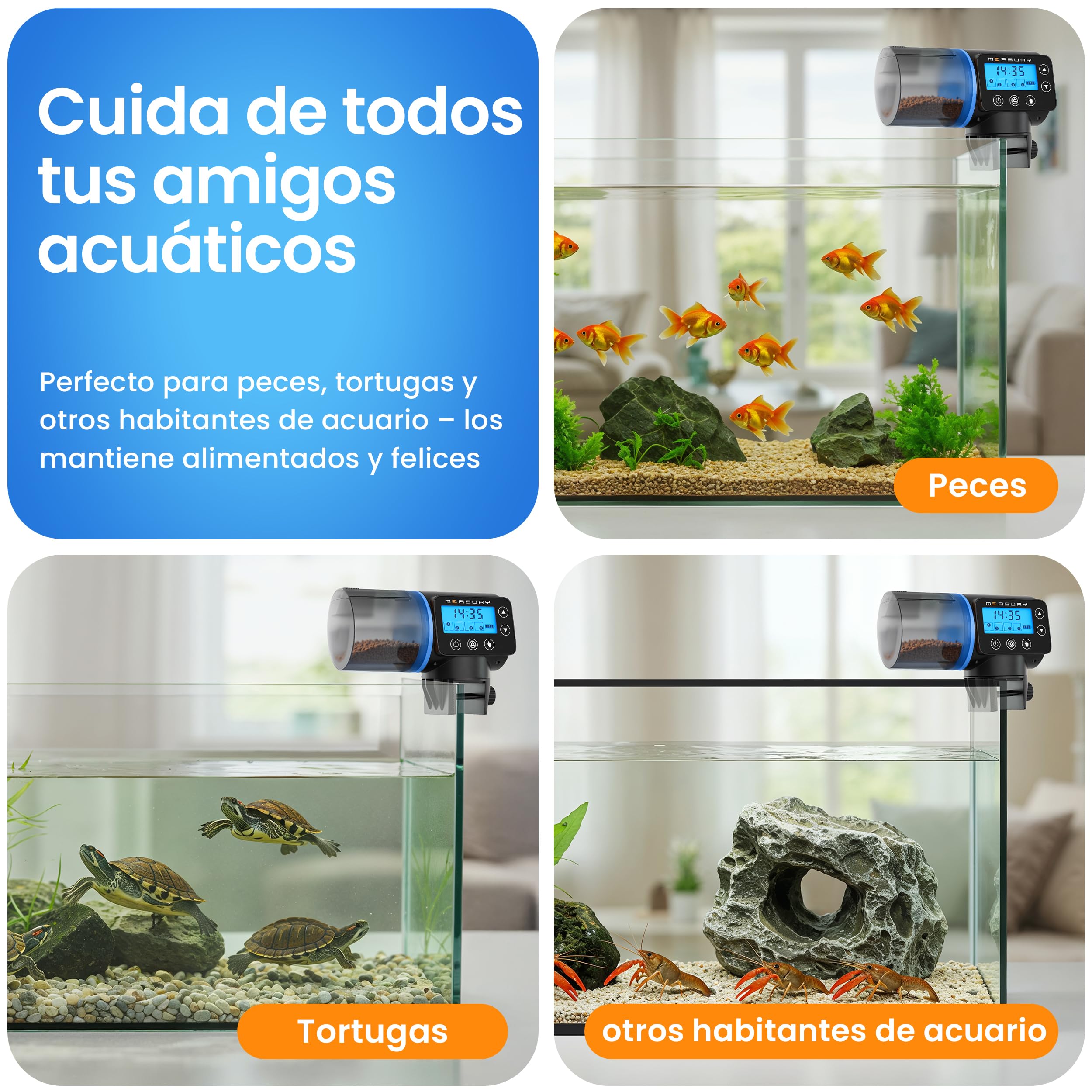 Measury Comedero Automatico Peces, Alimentador automatico Acuario hasta 4 Veces al día, Dispensador Comida Peces