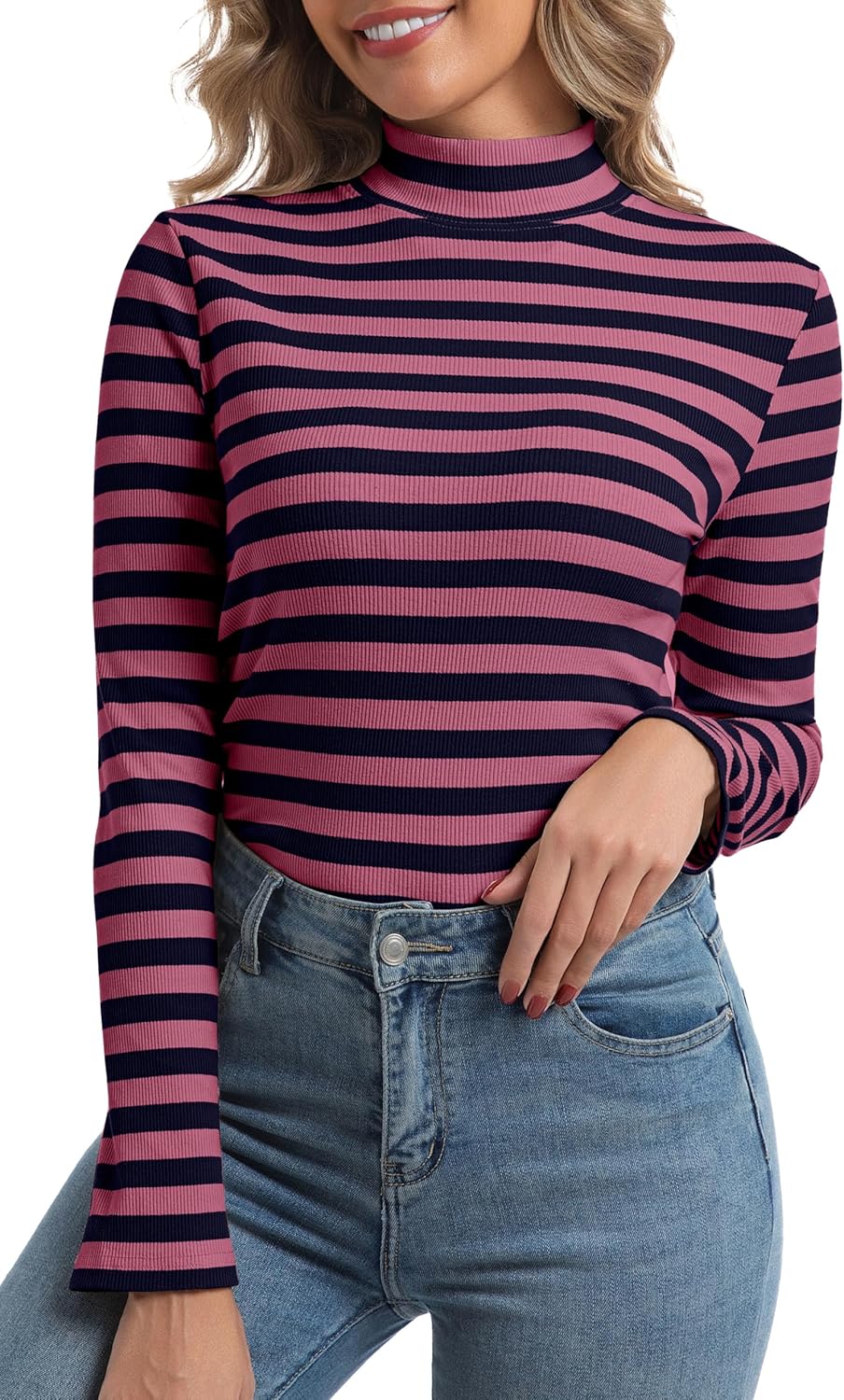 Women's Long Sleeve Stripe Shirts Fall Casual Mock Neck Ribbed Knit Tops 2025 Fashion Clothes - Image 4