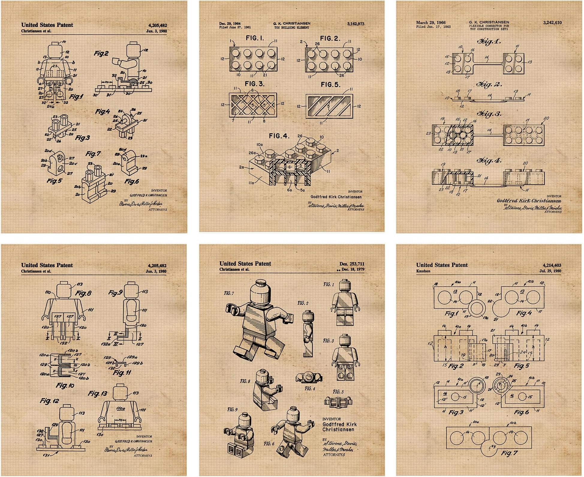 Vintage Interlocking Figure Patent Prints, 6 (8x10) Unframed Photos, Wall Art Decor Gift for Home Office Work Garage Man Cave College Creator Student Teacher Coach Comic-Con Family Movies Ideas