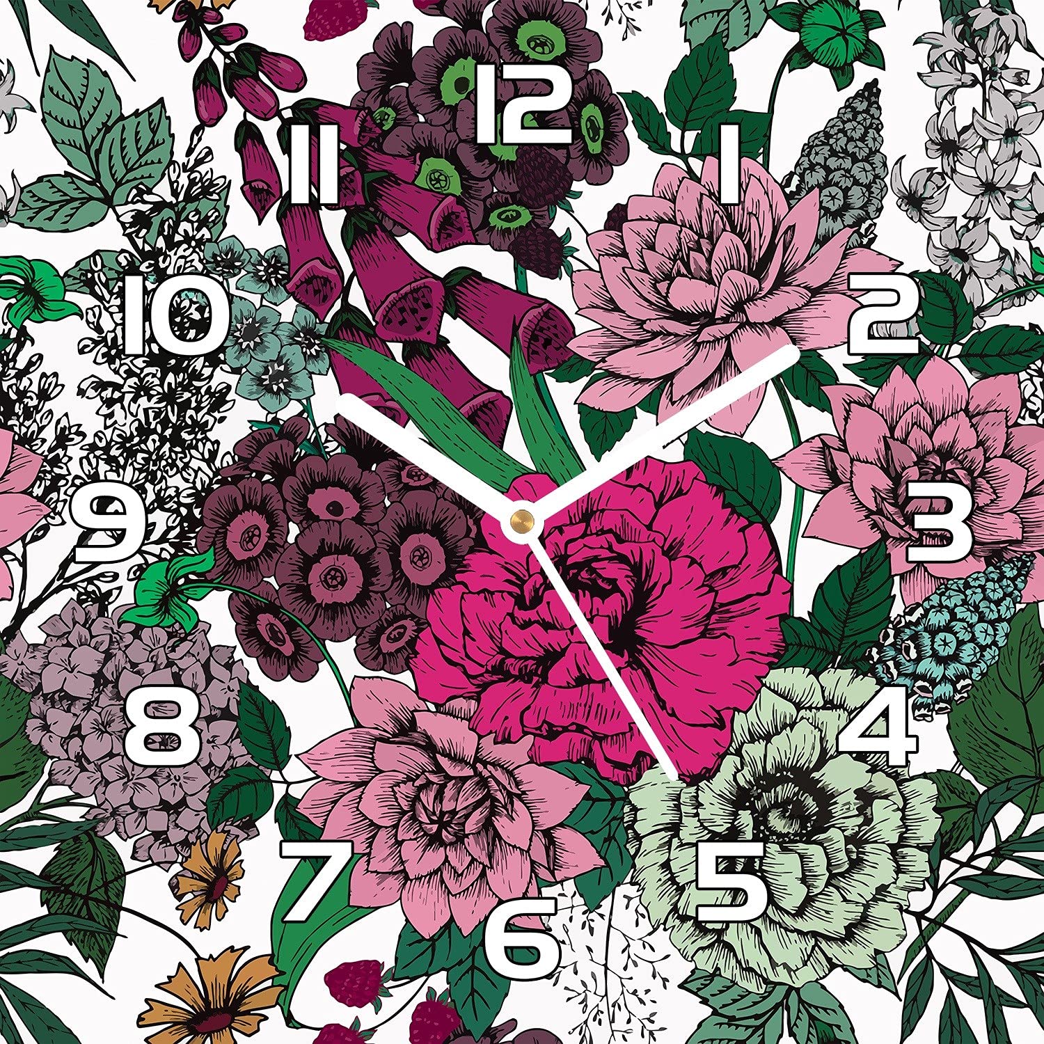 Horloge en verre 30x30 cm Coloray avec aiguilles noires motif vintage fleurs rose