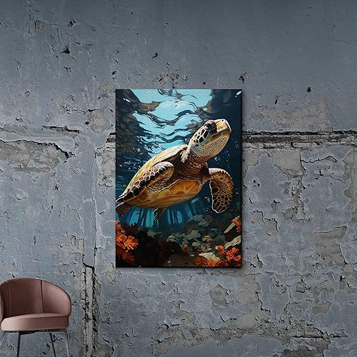 Animal Wall Art, Sea Turtle Canvas, Panoramic, Large Canvas, Turtle Art, Sea Turtle Painting, Seascape, Coastal, Beach Decor, Sofa Art, Aqua, Animal