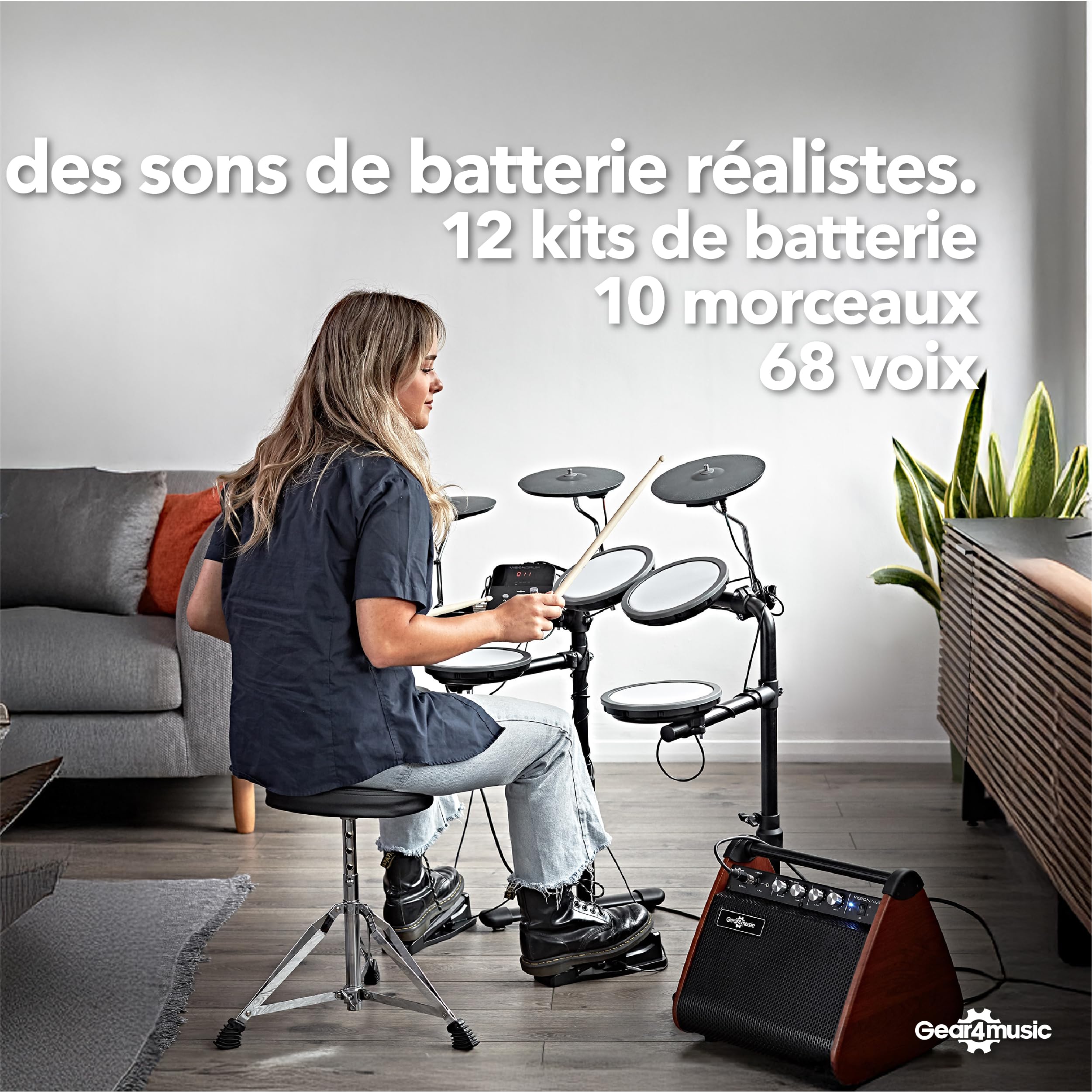 VISIONDRUM Batterie Electronique Adulte et Enfant, 7 Pads en Maille, Noir | Kit Batterie Electrique, Hauteur Réglable, Design Pliable, Casque, Tabouret et Baguettes Inclus