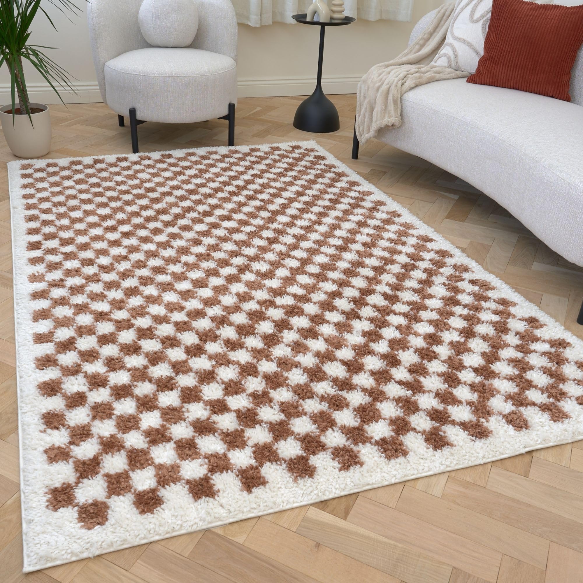 THE RUGS Moodi Chequered Shaggy Soft High Pile Living Room Rug & Runner in Terracotta | Size: 200cm x 290cm