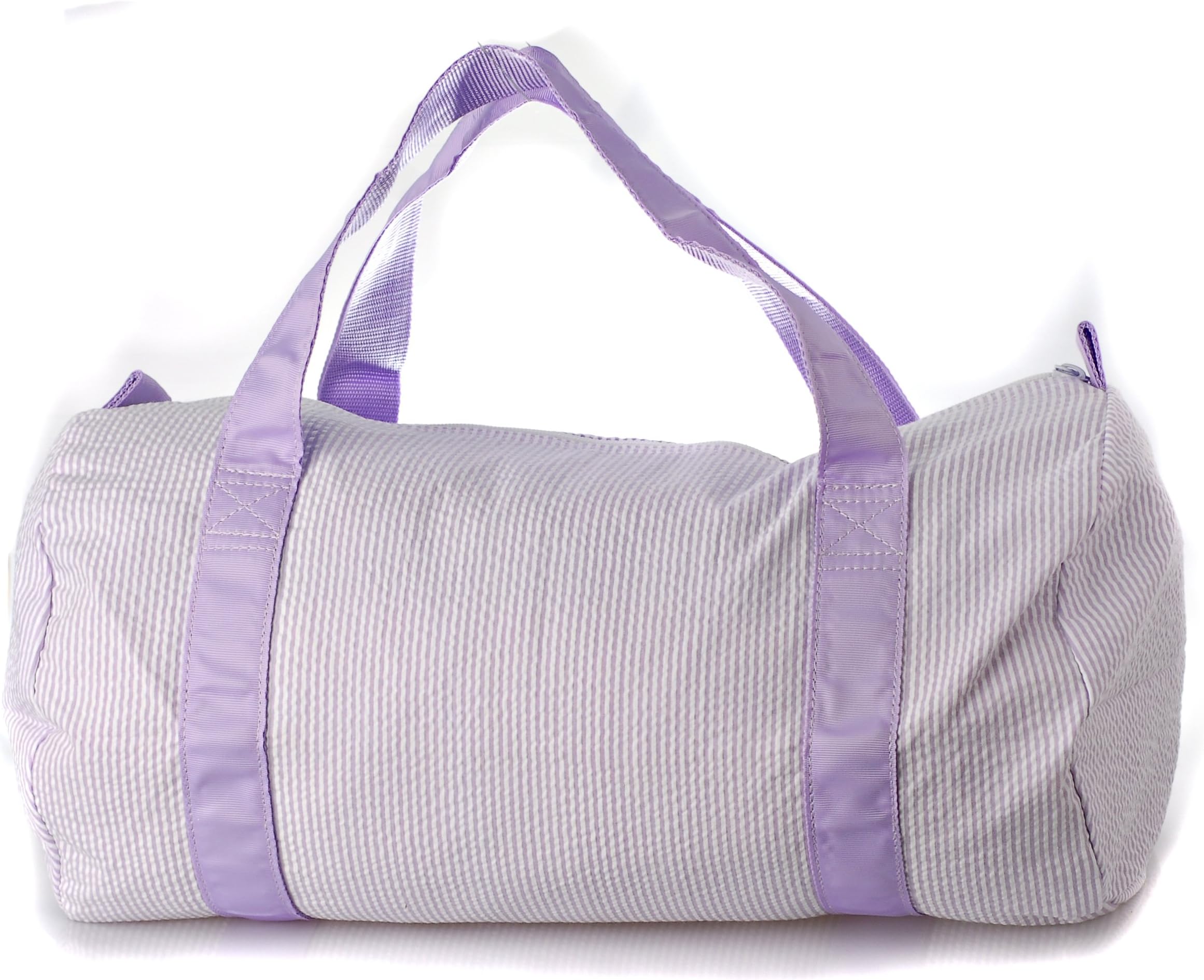 Personalized Oh Mint traveling and sports duffel bag embroidered with your name from our variety of fonts and colors (Lilac seersucker)
