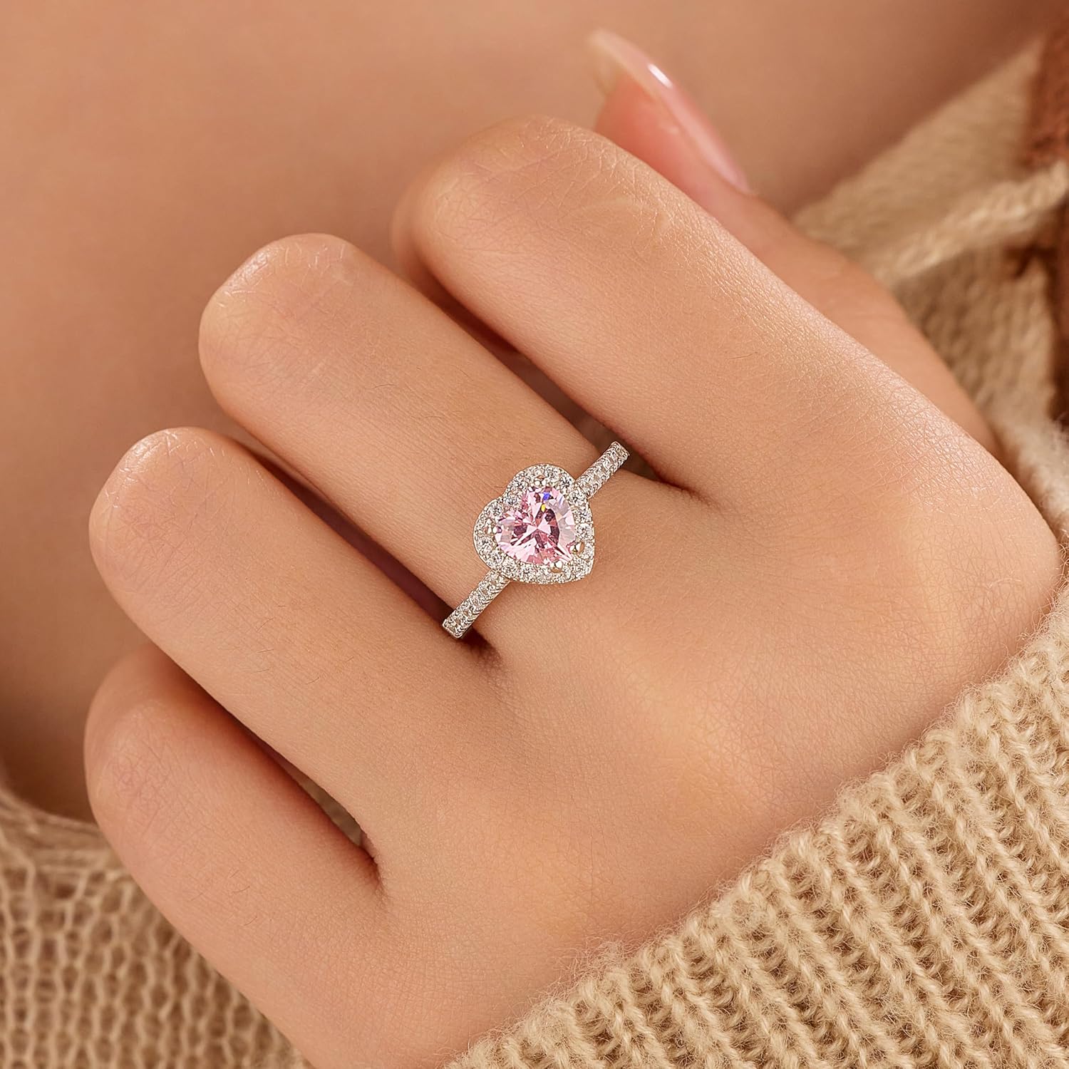 Dainty Pink Heart Rings for Women 925 Sterling Silver Promise Rings for Her Cubic Zirconia Eternity Engagement Wedding Band Purity Ring Mother Daughter Friendship Ring Birthday Valentine Jewelry Gifts - Image 2