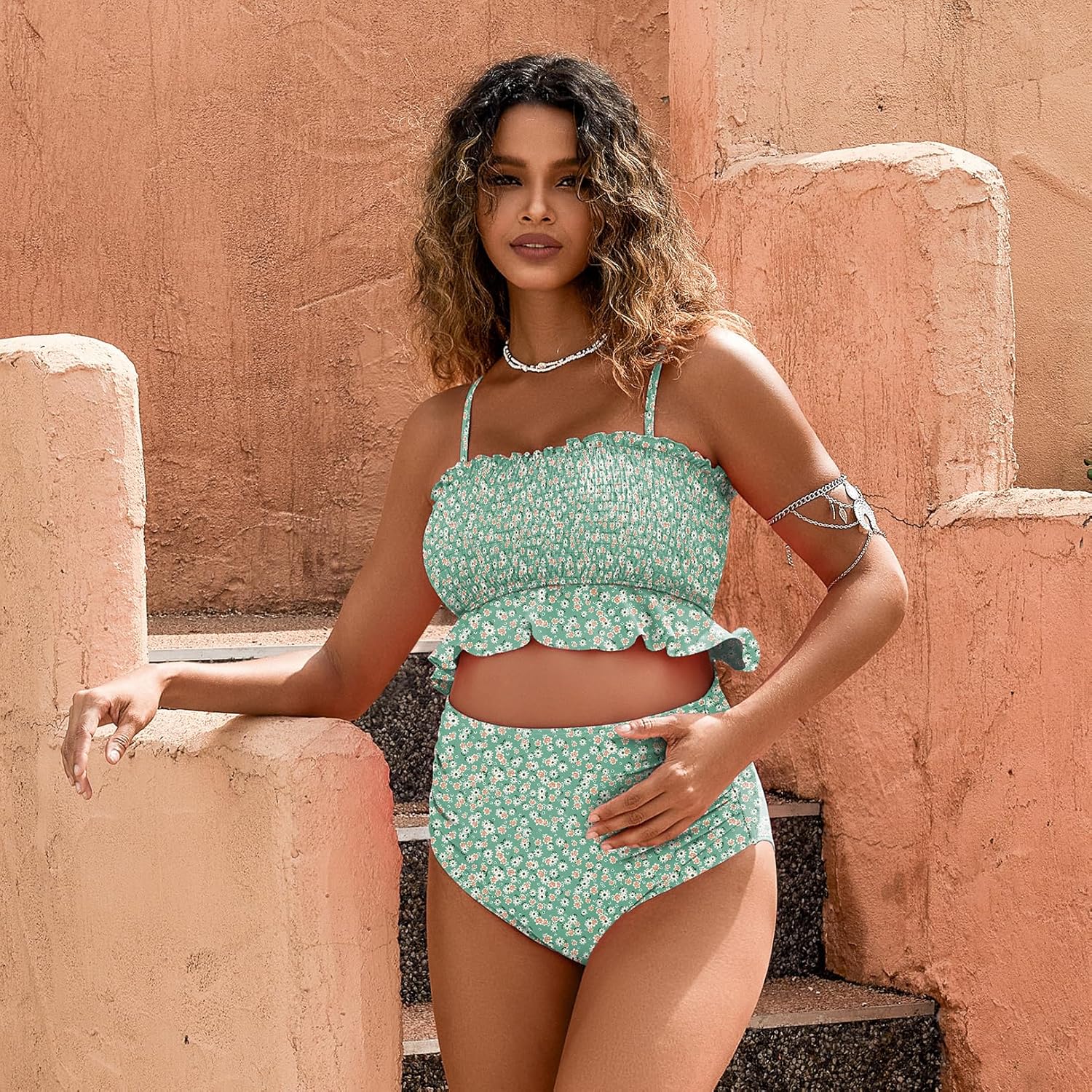 Maternity Swimsuit Two Piece Bikini Bandeau Top Hipster Bottom High Waisted