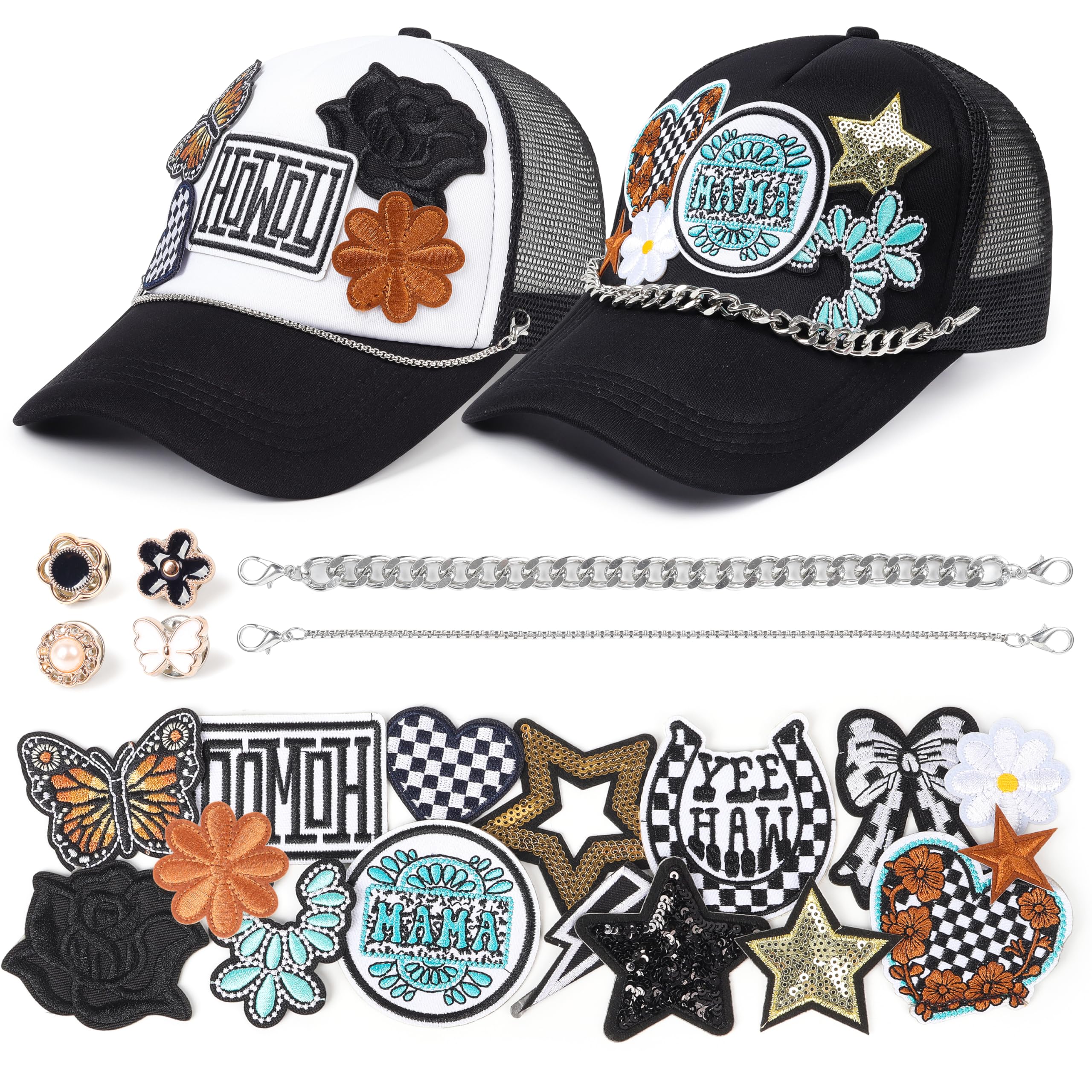 Meneng Western Trucker Hat for Cowboy: Men Women Adjustable Snapback Caps with 8pcs Embroidered Patches and a Chain
