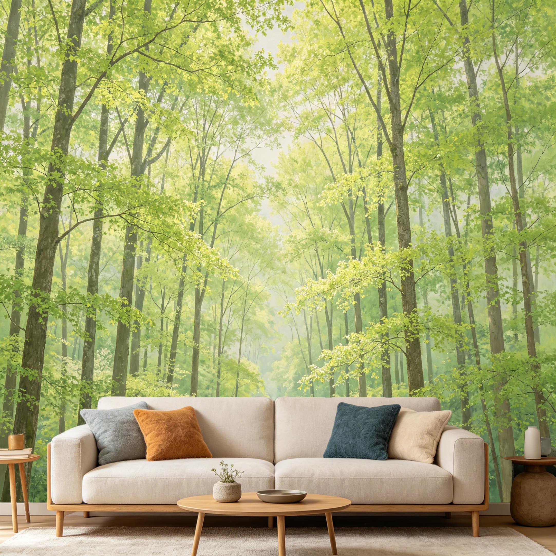 Custom Size Wall Mural Forest Landscape Green Trees Sunlight Nature View SelfAdhesive Art Prints wall Fabric（No PVC） Removable Wallpaper Home Bedroom Decor