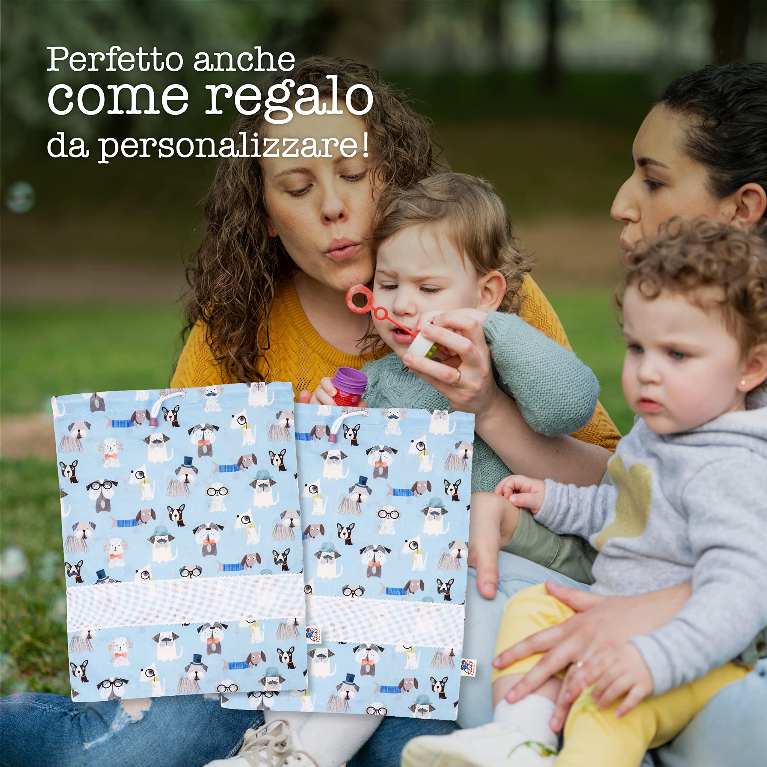 Set 2 Sacchetti Asilo in cotone stampato con inserto tela aida da ricamare 42x34 cm Made in Italy