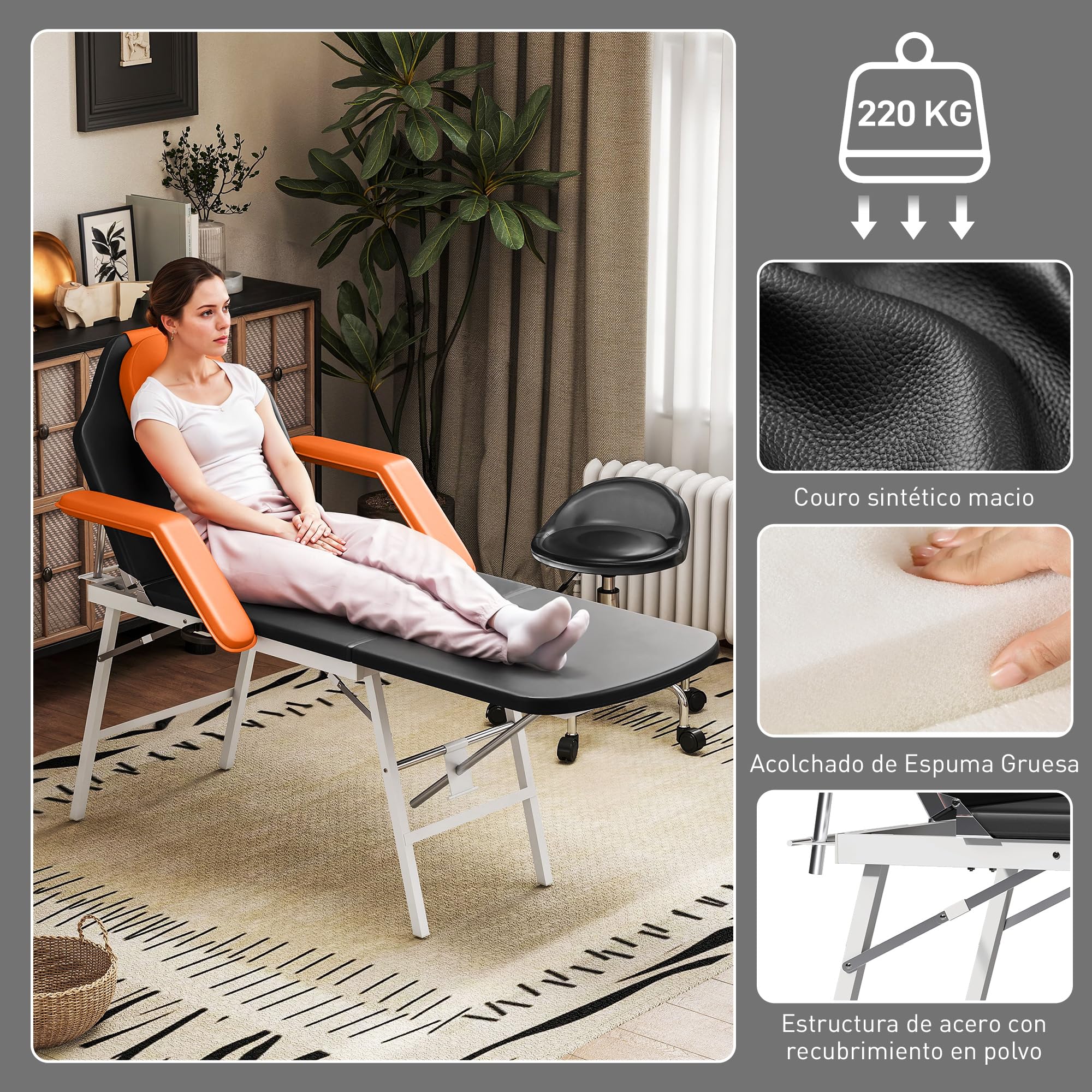 HOMCOM Camilla Masaje Plegable Portátil Camilla Estética Profesional de 3 Zonas con Respaldo Soporte para Piernas Ajustables Reposacabezas Extraíble Reposabrazos Acolchados para SPA 182x82 cm Naranja