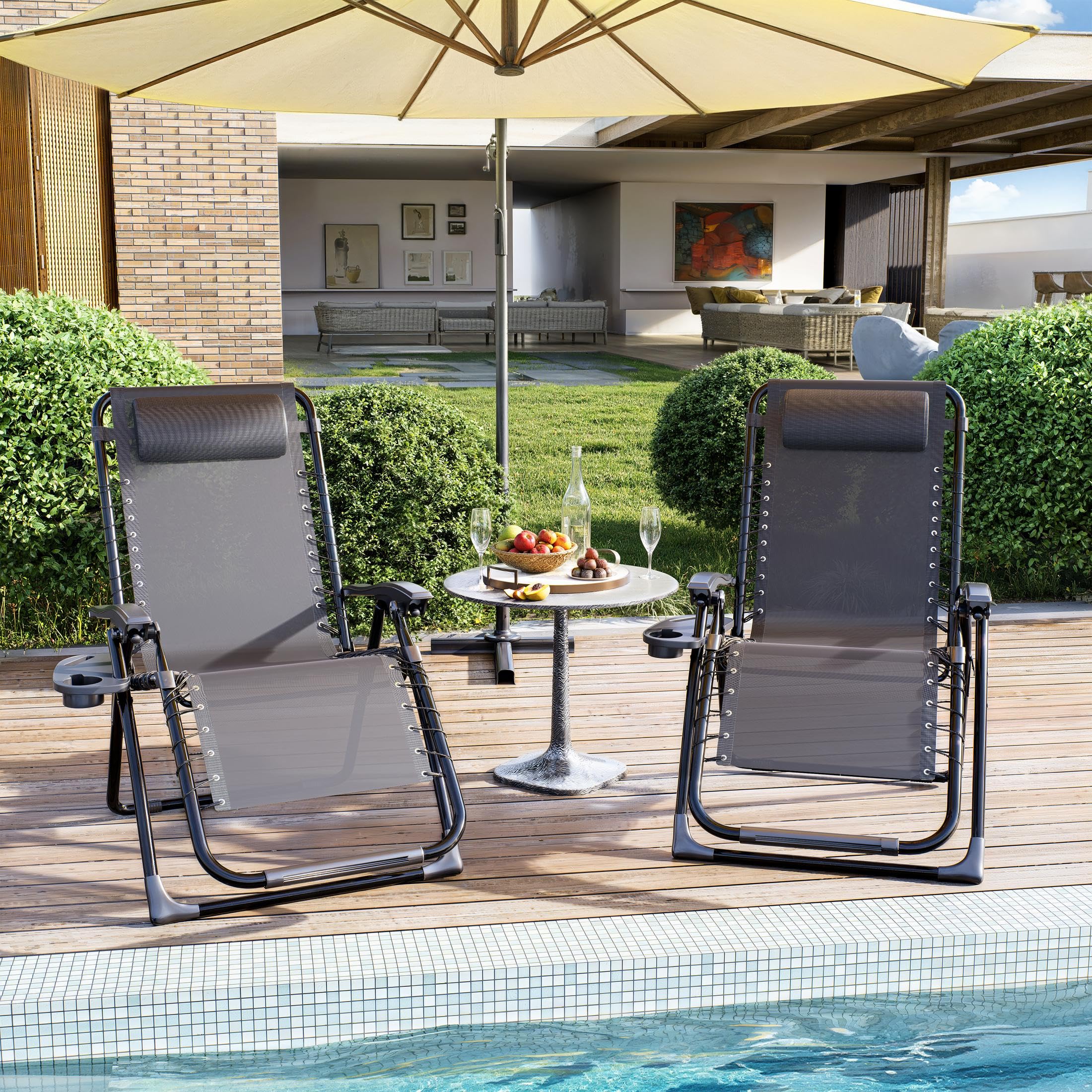 Gotland Set of 2 Zero Gravity Outdoor Sun Loungers for garden, 2026 No Assembly Required Folding Garden Recliner Chairs with Cup Holder, Adjustable Headrest Pillow - Textilene Mesh, Basics Adjustable
