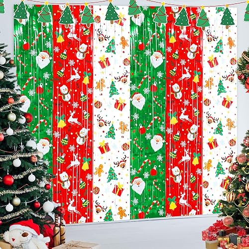 Panelee Paquete de 4 cortinas de flecos de papel de aluminio de oropel con cinta temática navideña metálica para telón de fondo de fotos para