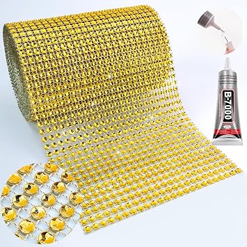 Gold Rhinestone Mesh Fabric, 4.7In X 4.5Yards 24Rows Bling Ribbon Roll for Crafts, Mum Ribbon Wrap Trim