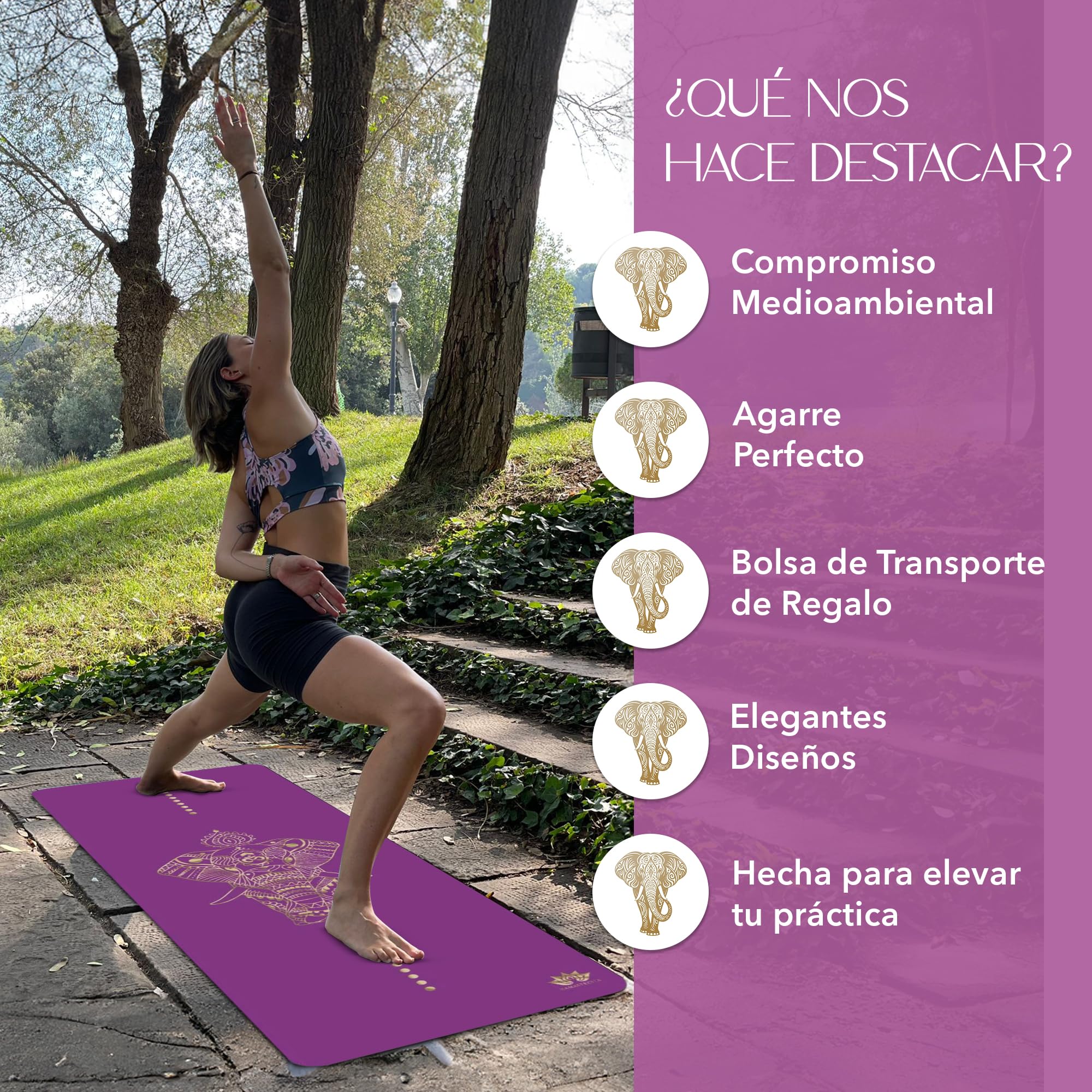 Yoga Mat, Edición Dorada Elefante, Esterilla de yoga antideslizante, Materiales ecologicos, Colchoneta para pilates y yoga incluye bolsa de transporte