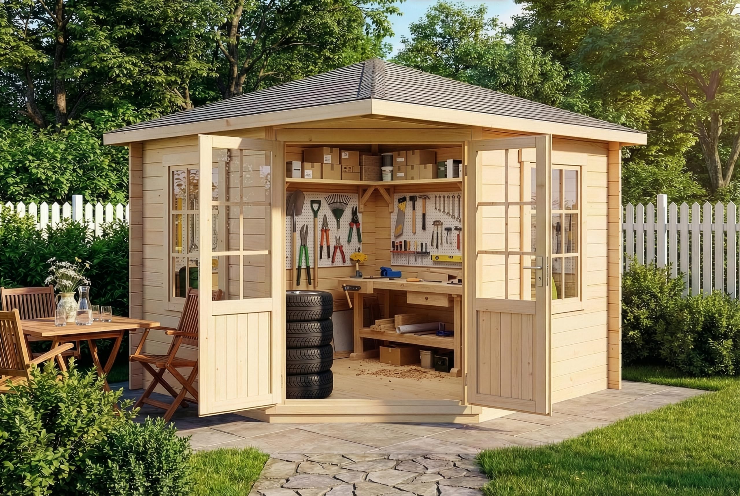Alpholz 5-Eck Gartenhaus Monica aus Massiv-Holz, Gerätehaus mit 28 mm Wandstärke, Garten Holzhaus inklusive Montagematerial, Geräteschuppen Größe: 300 x 300 cm, Spitzdach