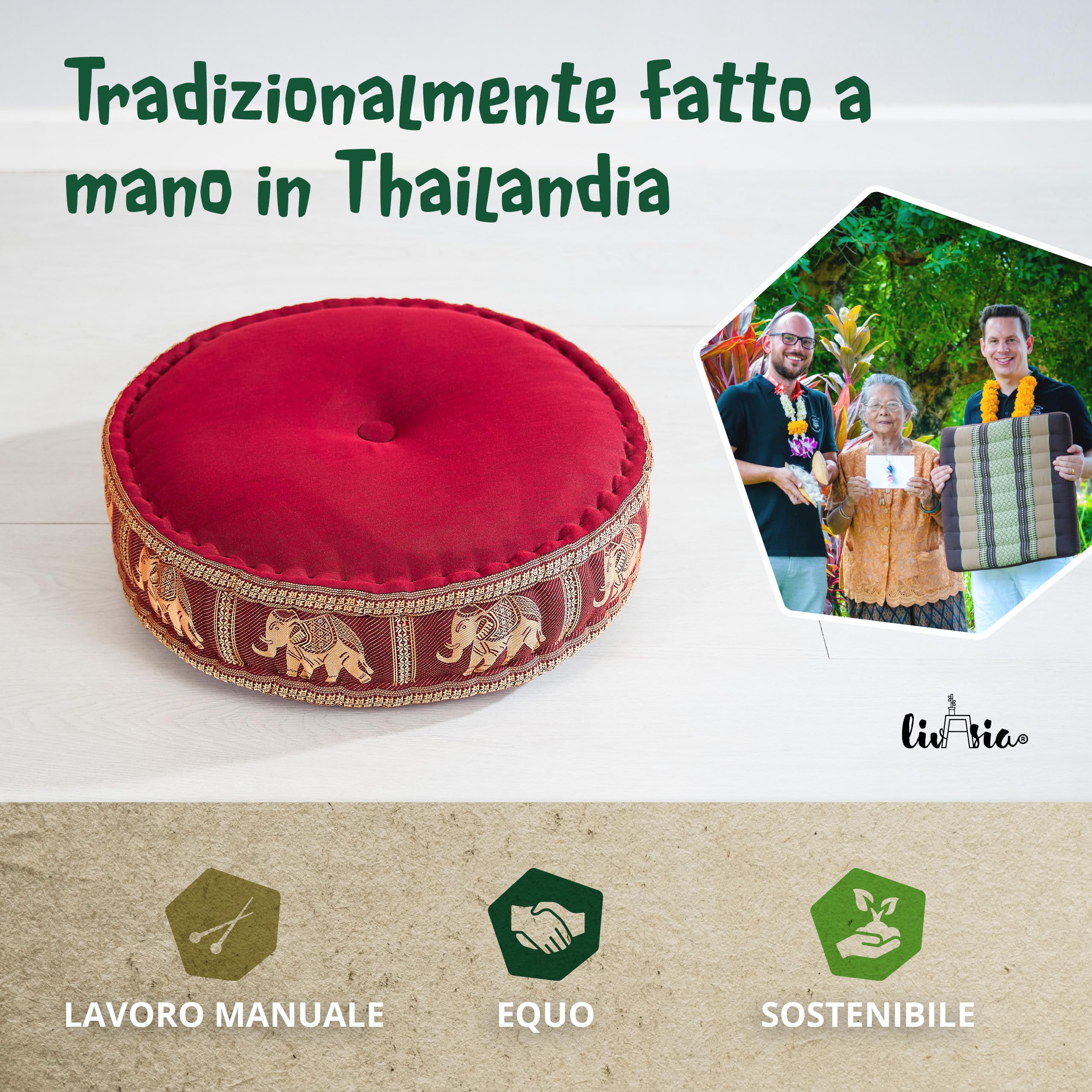 livasia Cuscino da Meditazione Seta thailandese - Ø 45x15cm - Cuscino per Yoga kapok, Pouf, Cuscino da Pavimento Yoga Meditazione Zen, Cuscino Giardino Balcone (Rosso/Elefanti Seta)