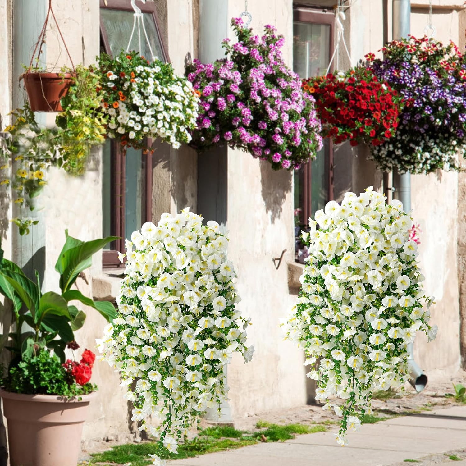 Fanfantoey Artificial Hanging Flowers for Outdoors, 2Pcs UV Resistant Fake Flowers, Realistic Faux Petunias Silk Long Vines Morning Glory Eucalyptus for Outside Planter Porch Patio Decor, White