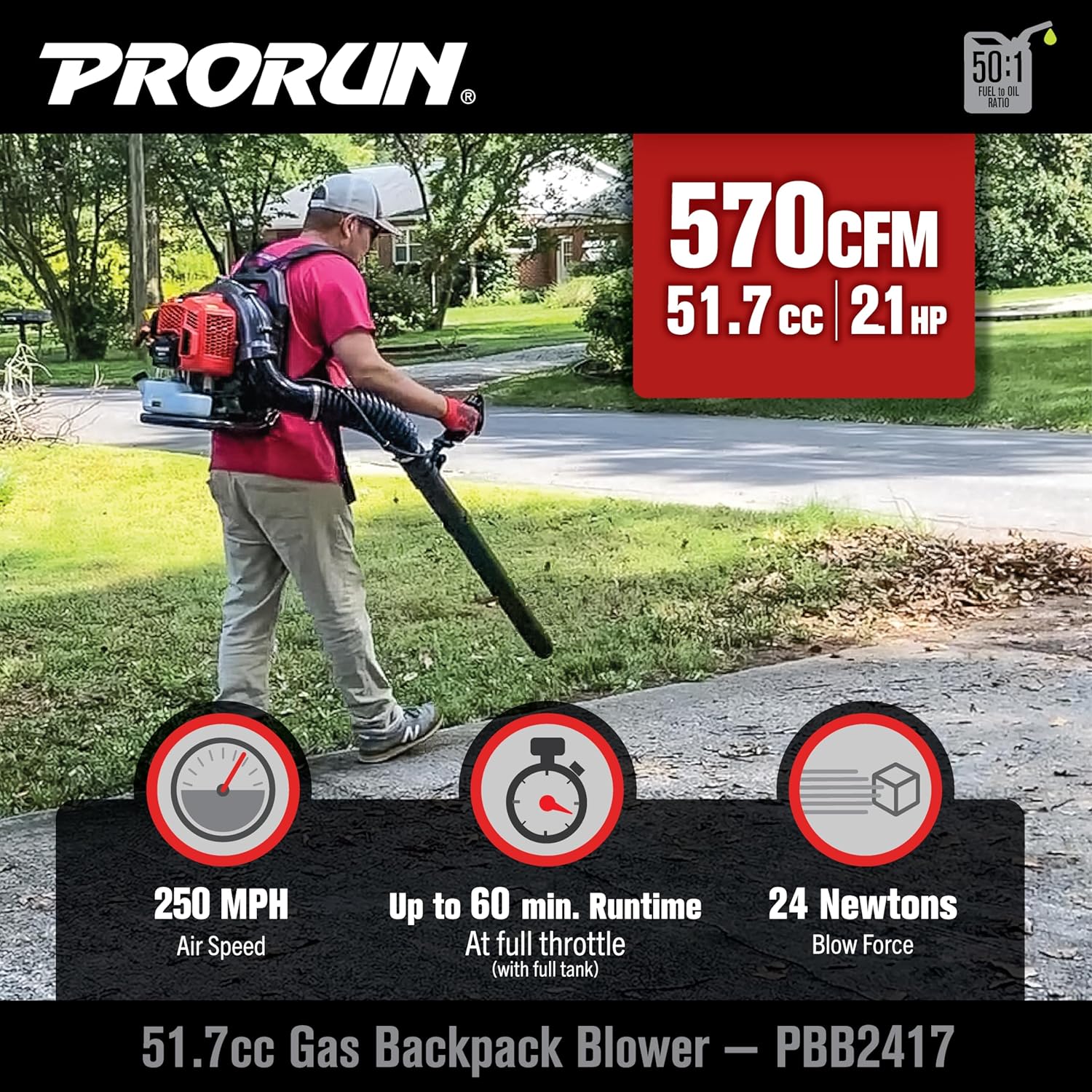 PRORUN 52cc 570 CFM 250 MPH 2-Cycle Gas-Powered Backpack Leaf Blower PBB2417