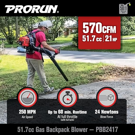 PRORUN 52cc 570 CFM 250 MPH 2-Cycle Gas-Powered Backpack Leaf Blower PBB2417
