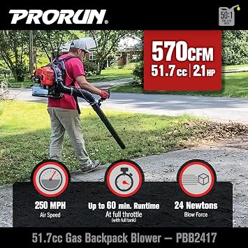 PRORUN 52cc 570 CFM 250 MPH 2-Cycle Gas-Powered Backpack Leaf Blower PBB2417