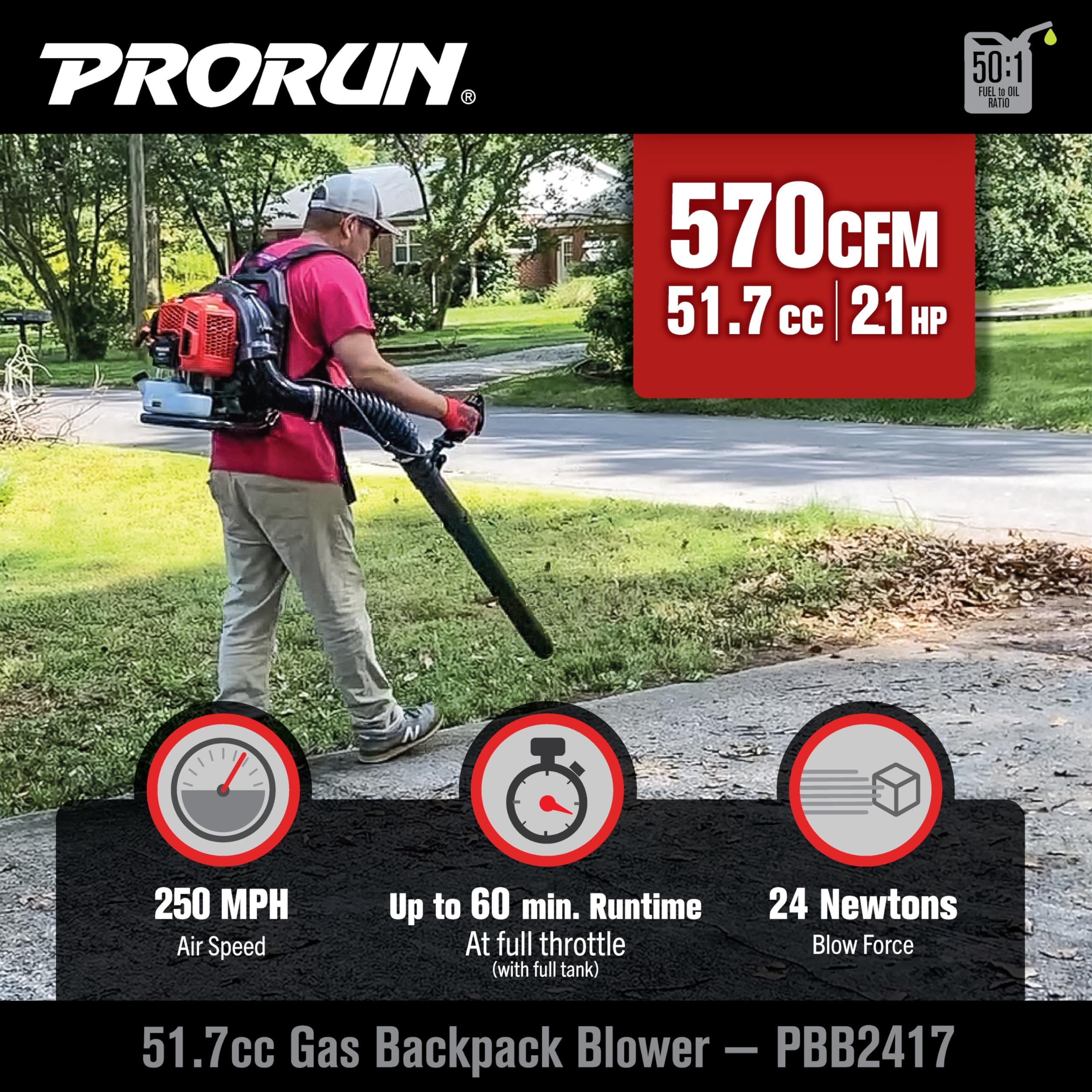 PRORUN Souffleur de feuilles de sac à dos à 2 cycles 51,7 cc 570 CFM 250 MPH