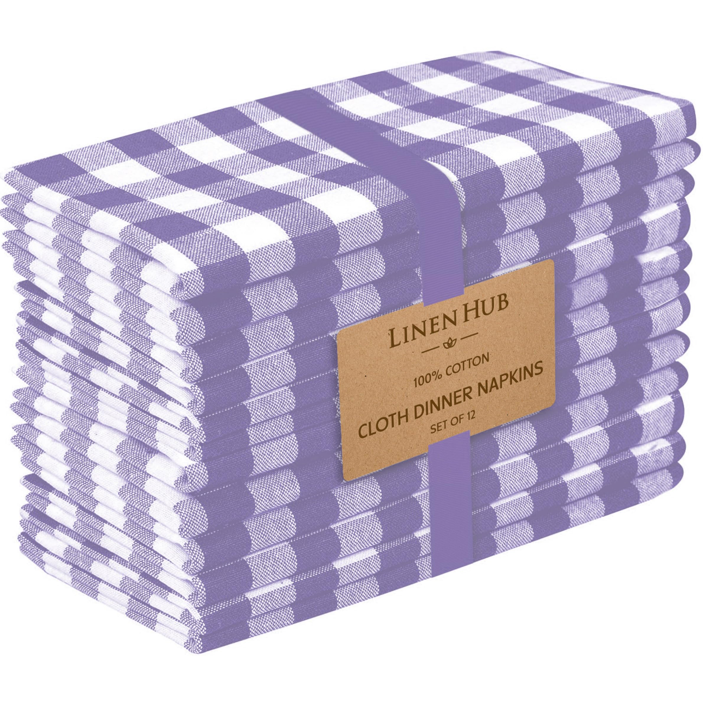 Cote De Amor Linen Hub 20x20 Gingham Check Plaid Cloth Dinner Napkins 12 Pack 100% Cotton Soft Absorbent Restaurant Hotel Quality, Wedding Dinner Napkins, Machine Washable Cloth Napkins Lavender